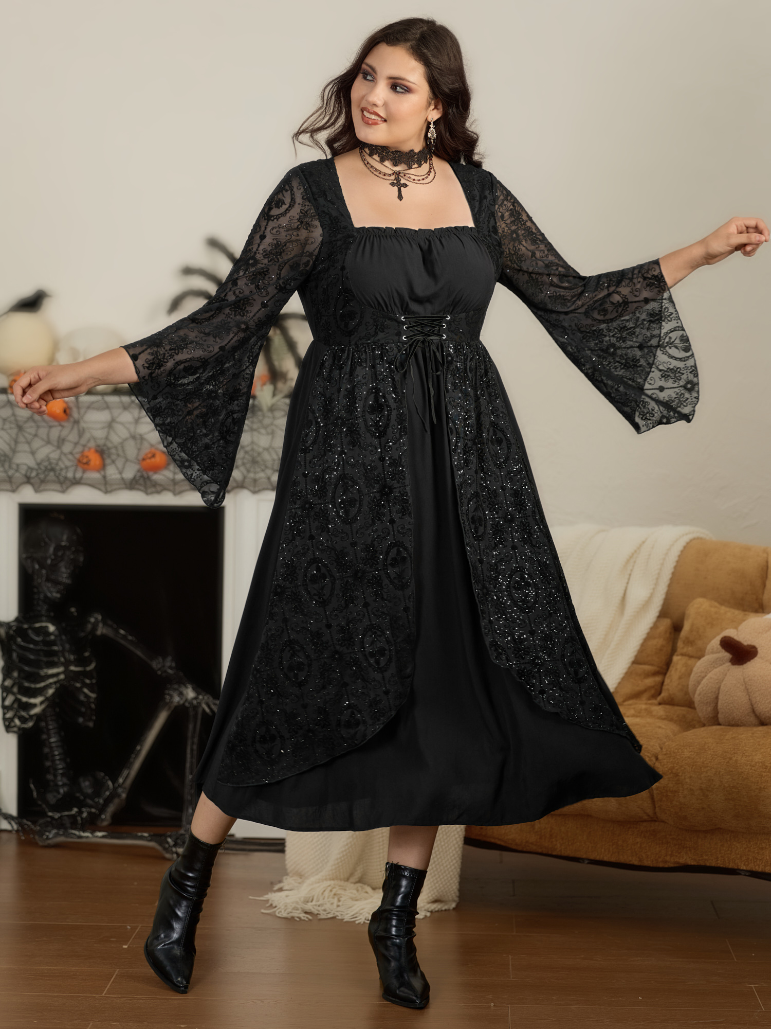 BloomChic Women's Plus Size Sparkle Lace Bell Sleeve Corset‑Waist Midi Dress Black Halloween Maxi Everyday-Elegant Cable Knit 22-24/3X