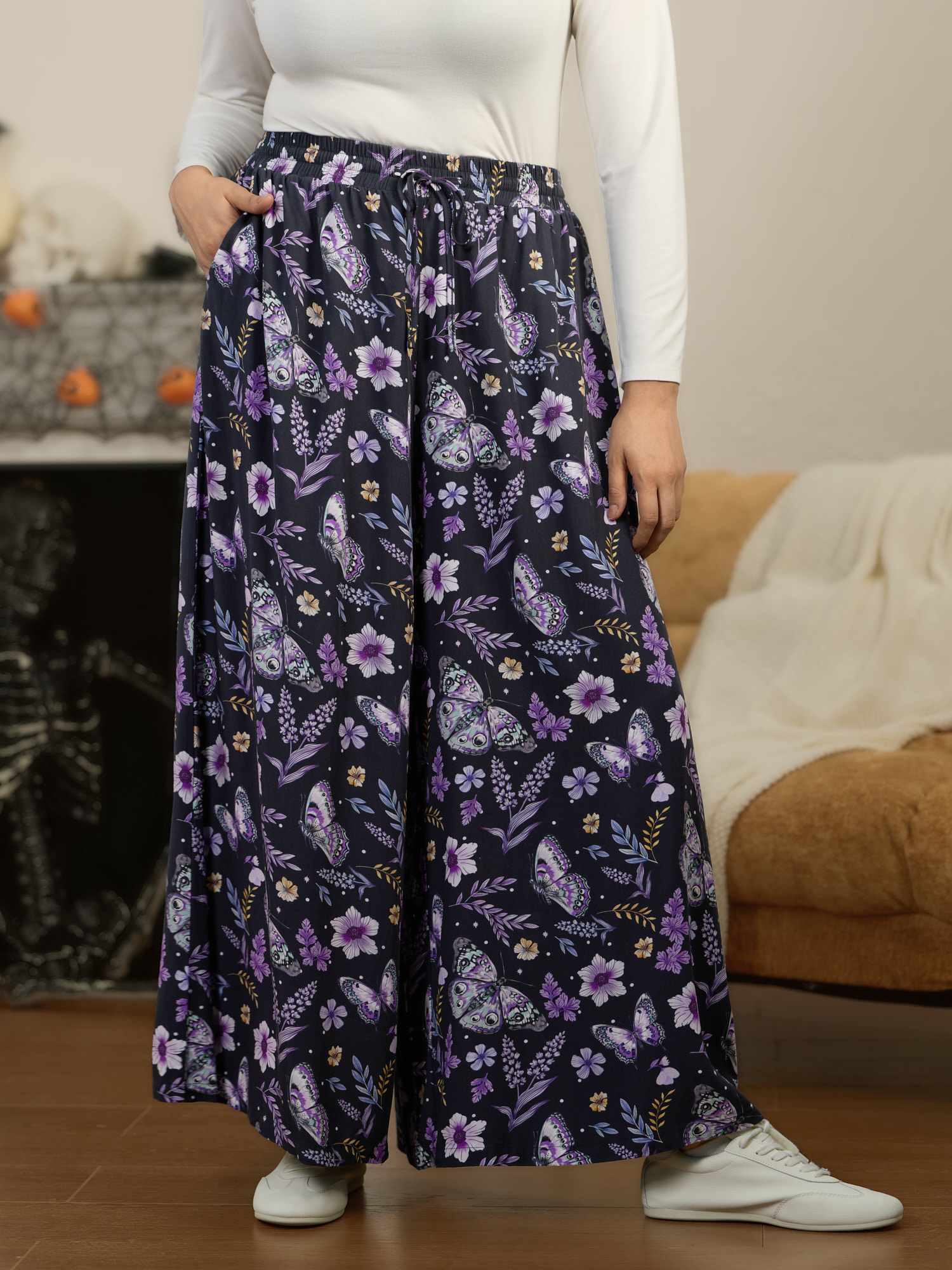 BloomChic Women's Plus Size Butterfly Floral Print Drawstring Waist Wide Leg Pants Multicolor Butterfly Wide leg Mid Rise 26/4X