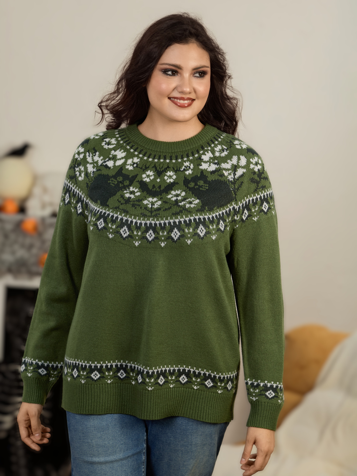 BloomChic Plus Size Cat Pattern Fair Isle Crew Neck Pullover - Curve Women's Winter Round Neck Straight fit Jacquard ArmyGreen Ribbed Cuff Sleeve Pullovers 14/M