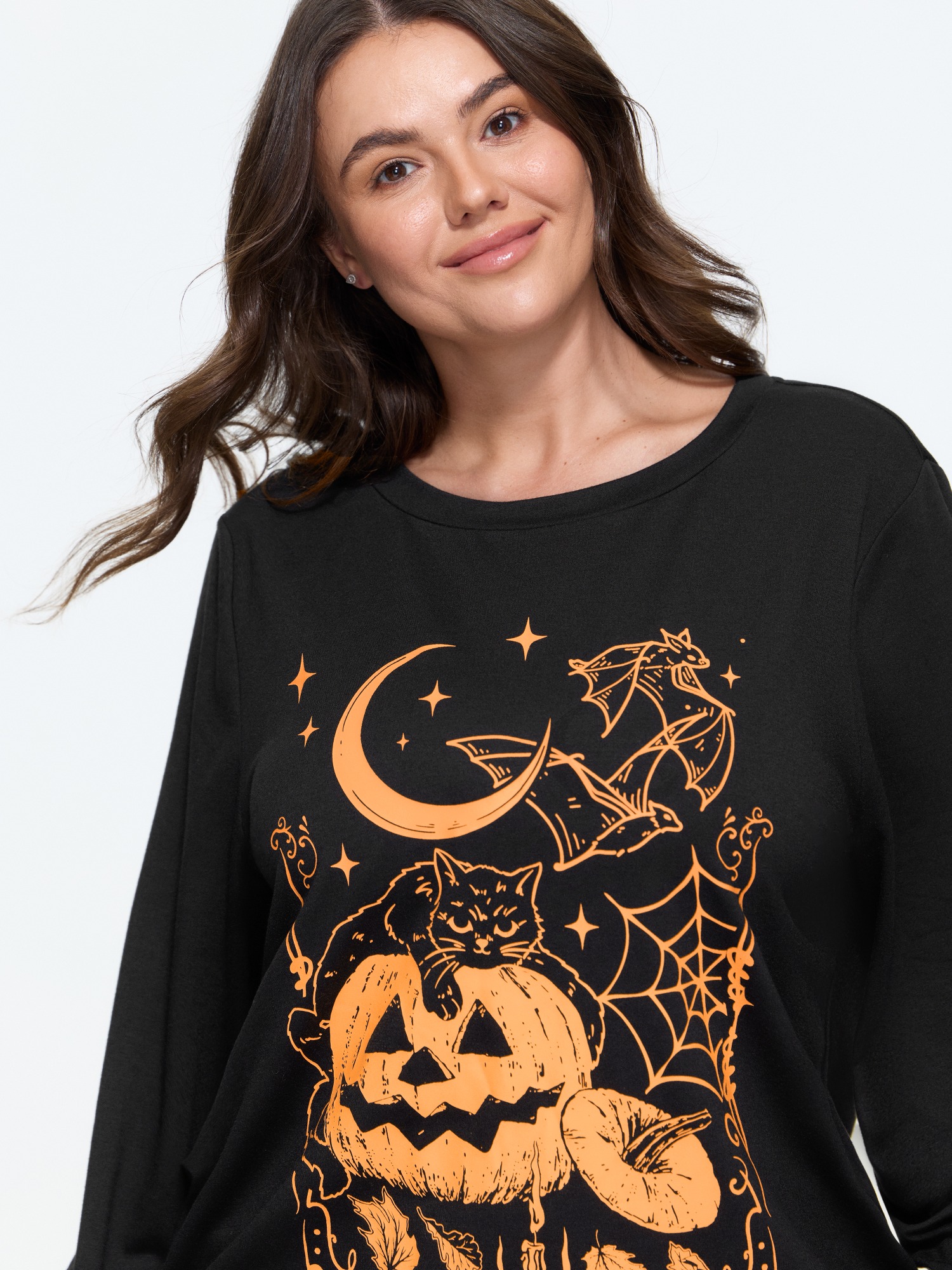 BloomChic Women's Plus Size Stretch Halloween Cat Pumpkin Moon Print Sweatshirt Black Everyday-Casual Round Neck 10/M