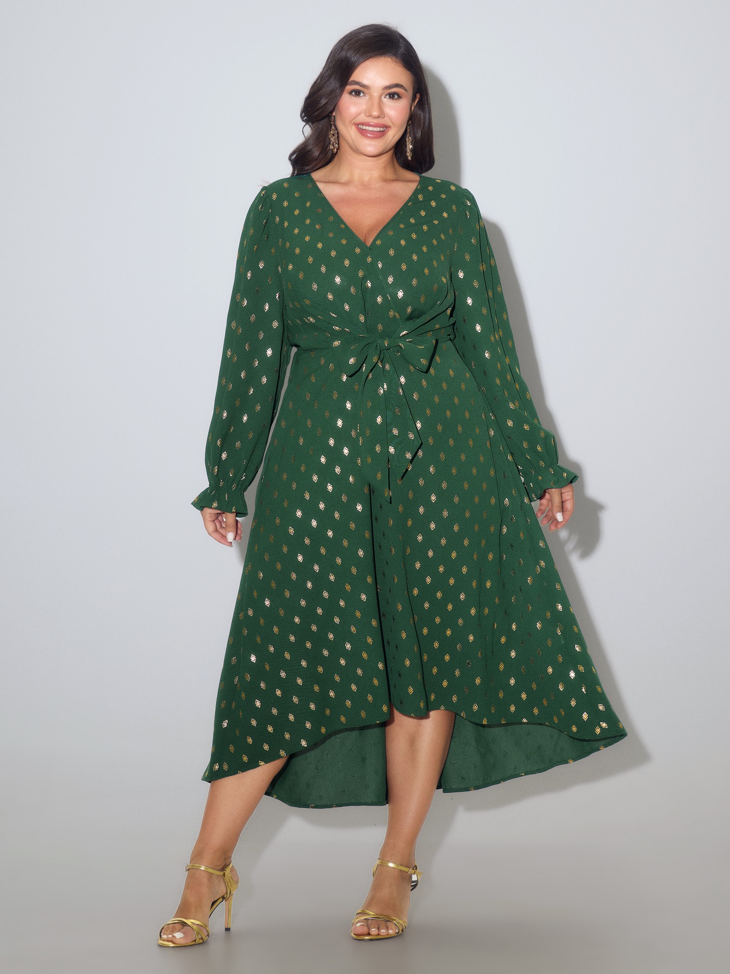 BloomChic Women's Plus Size Gold Foil Dots Tie Waist High Low Hem Midi Dress Lush Meadow Polka dots Midi Occasion Lace-Up 18-20/2X