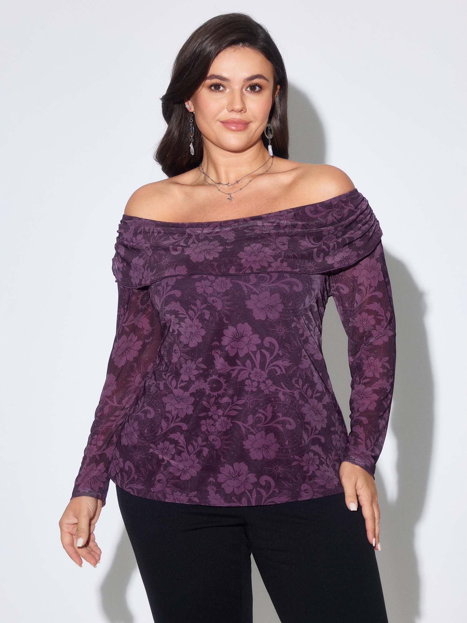 BloomChic Plus Size Stretch Floral Print Mesh Off Shoulder Blouse - Women's Eggplant Star & Moon Off-Shoulder Long Sleeve 节庆款 Blouses 18-20/1X