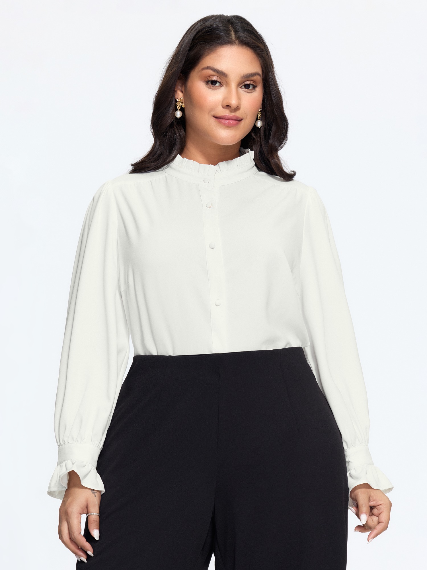 BloomChic Women's Plus Size Solid Ruffled Mock Neck Blouse Whisper White Solid Everyday-Elegant Long Sleeve Round Neck 10/M