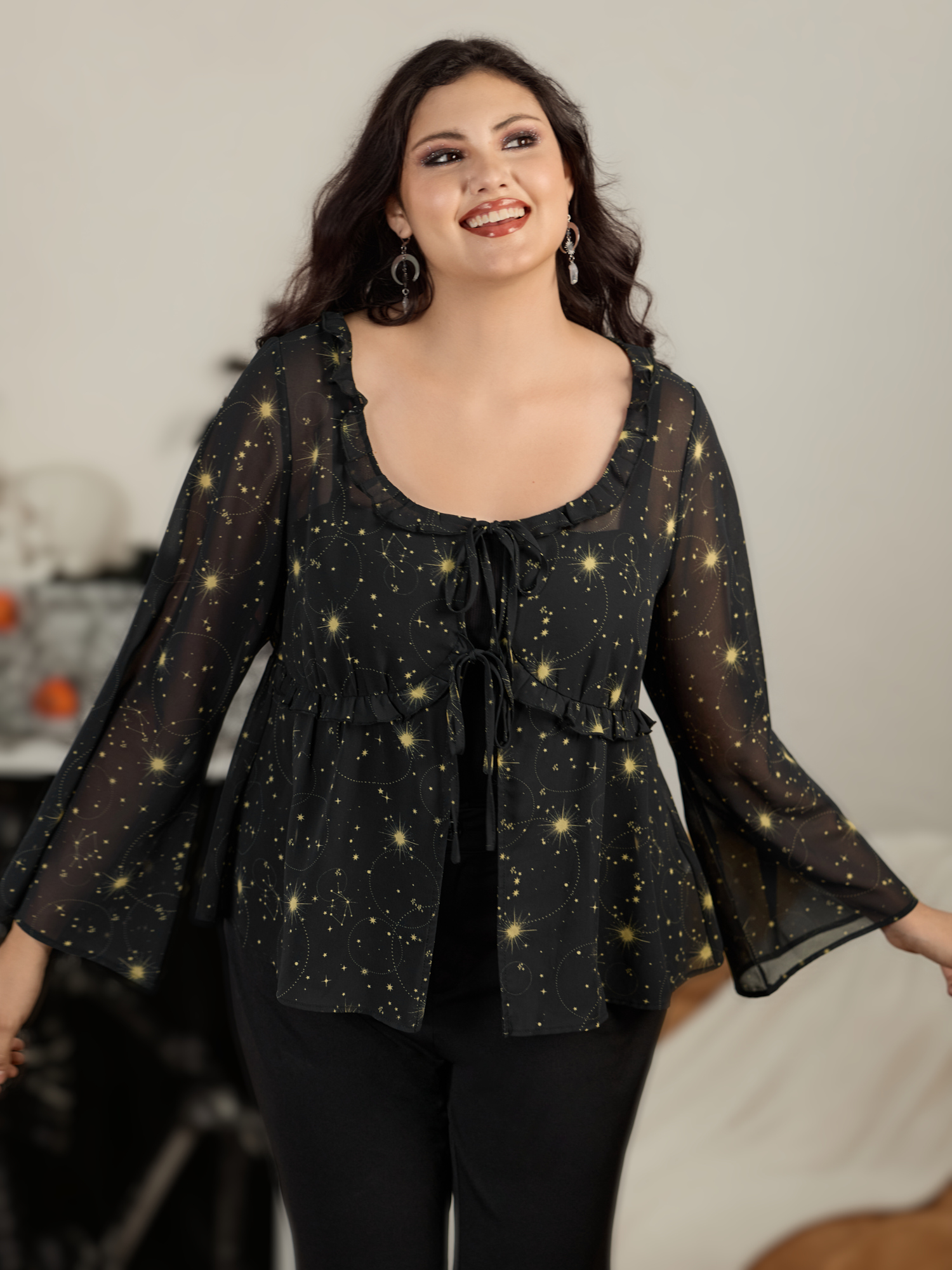 BloomChic Women's Plus Size Star Constellation Print Sheer Chiffon Blouse BlackFlower Star & Moon Occasion Long Sleeve Square Neck 10/M