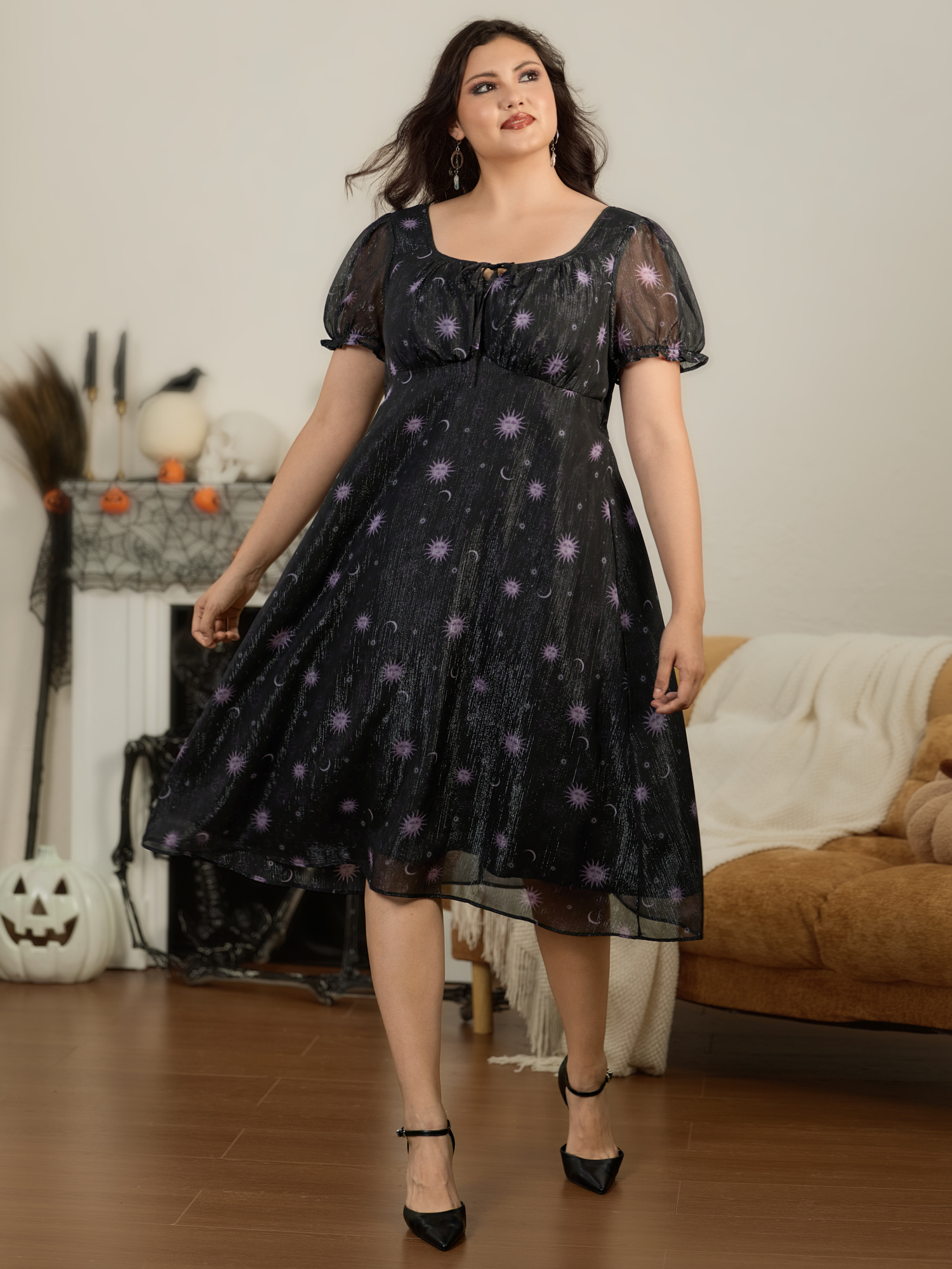 BloomChic Women's Plus Size Sheer Celestial Print Tie‑Front Chiffon Midi Dress Black Star & Moon Tunic Everyday-Elegant Ruched 10/M