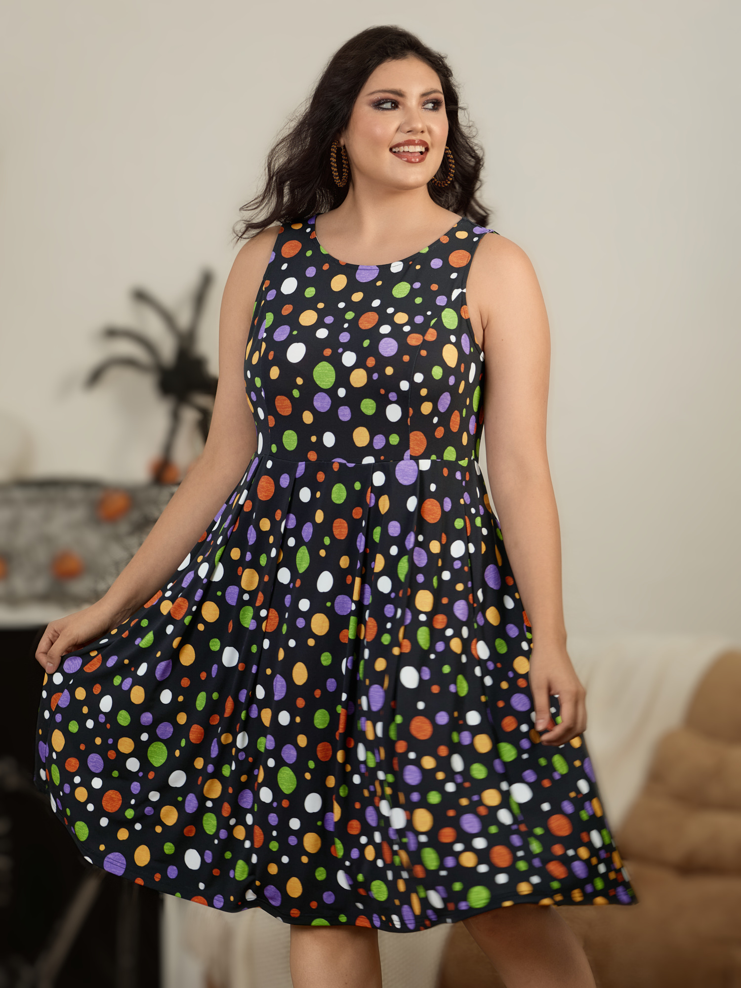 BloomChic Plus Size Retro Colorful Polka Dot Sleeveless Midi Dress - Curve Ladies Black 节庆款 Sleeveless Polka dots Side Pocket Daily Dresses 18-20/1X