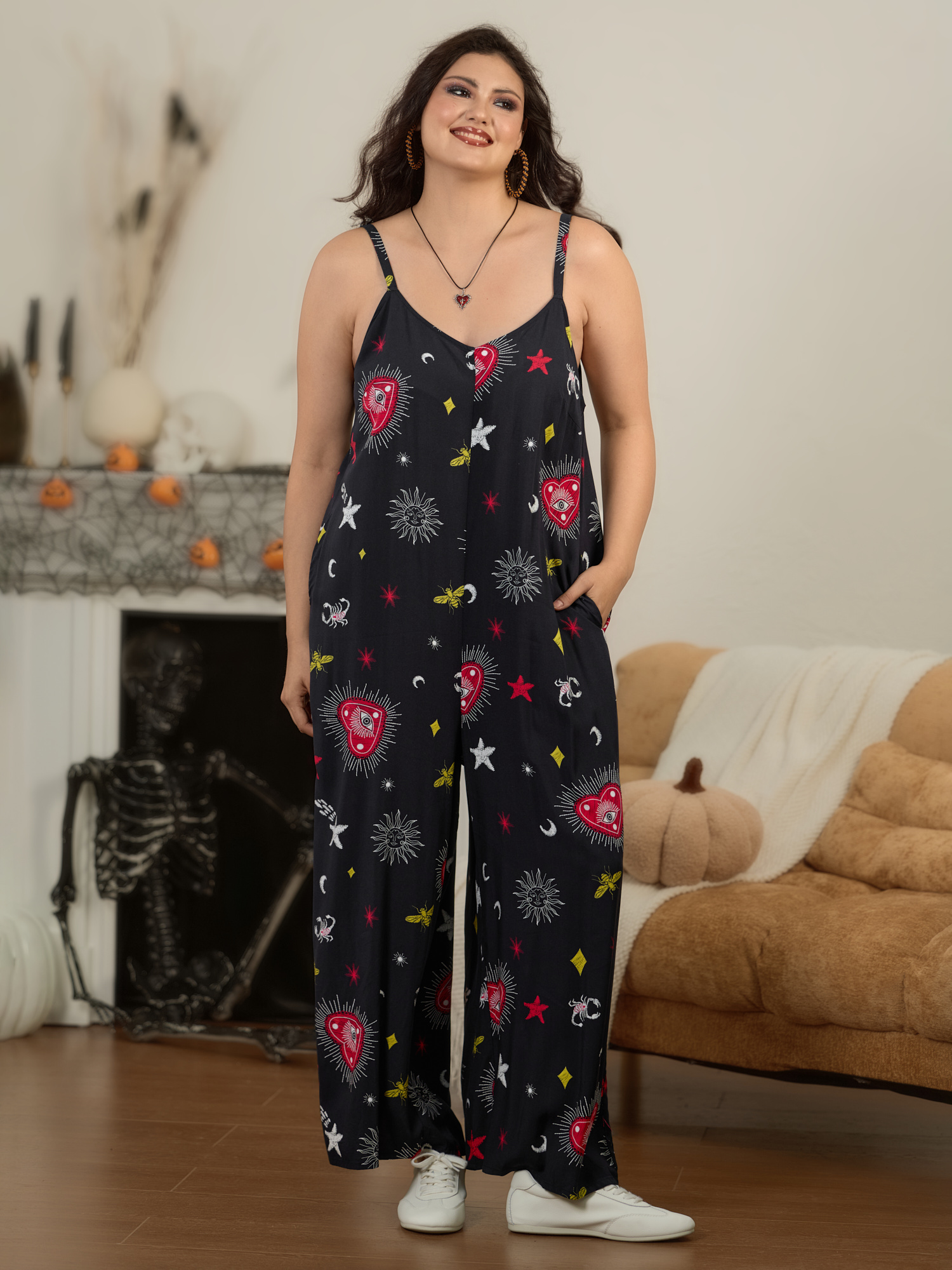 BloomChic Plus Size Mystical Witchy Print Backless Wide Leg Jumpsuit - Curve Women's BlackFlower Playsuit - Comfort Midsection Fit Side Pocket Wide leg Jumpsuits 34/6X