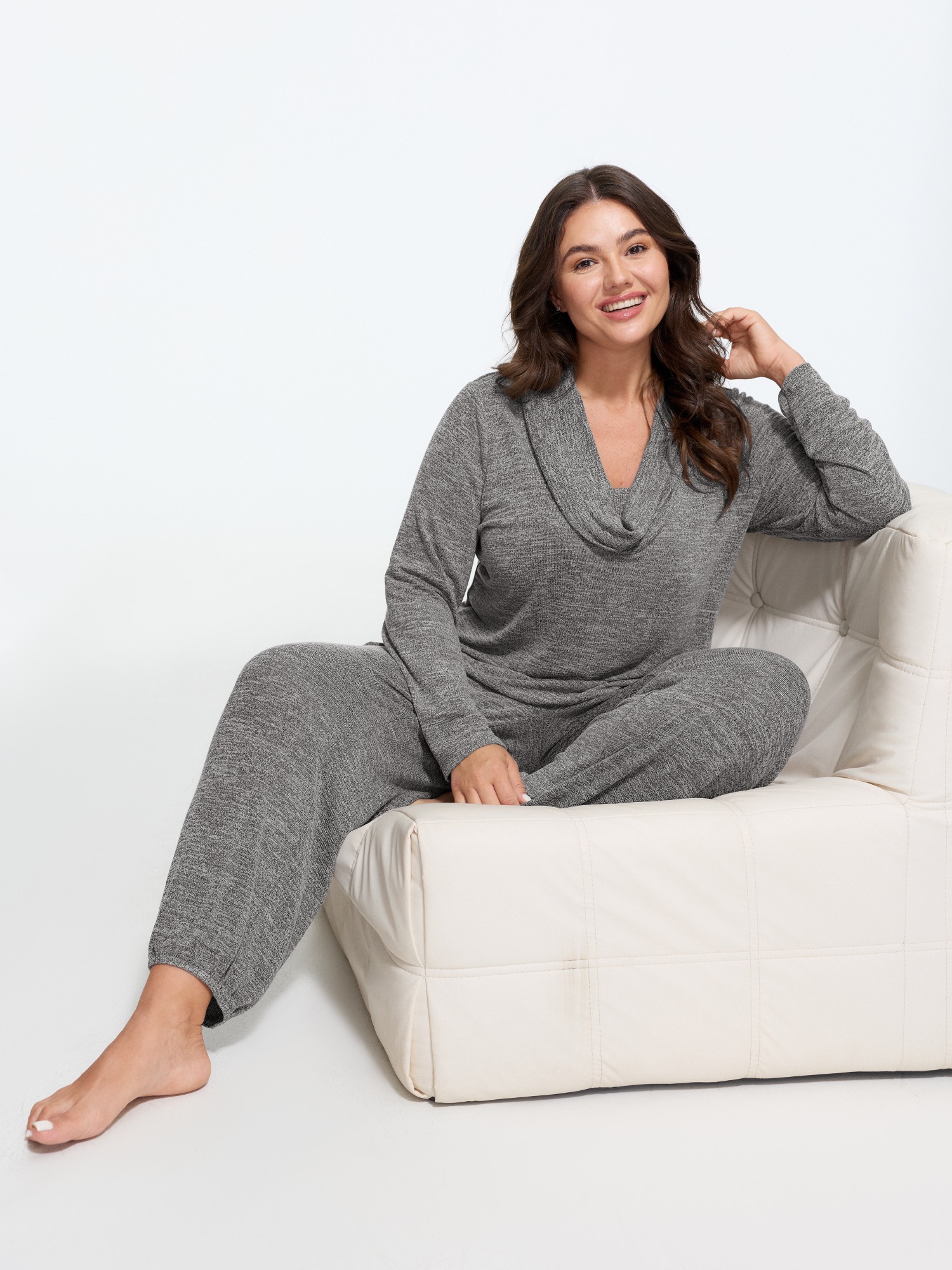 BloomChic Women's Plus Size Supersoft Stretch Cowl Drape Neck Loungewear Set Charcoal Gray Solid Long Sleeve Non 10/M