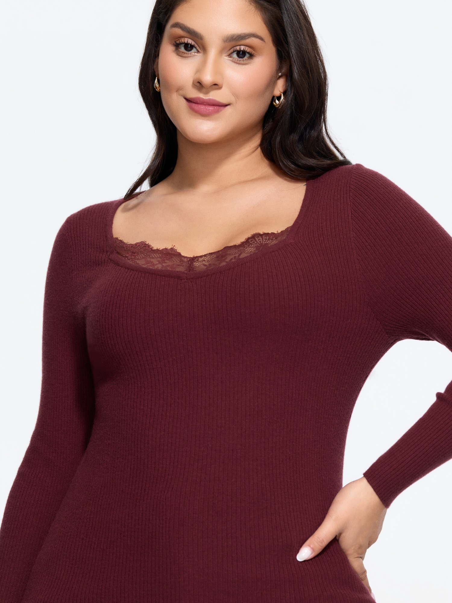 BloomChic Women's Plus Size Supersoft Lace Trim Detail Fitted Ribbed Pullover Burgundy Long Sleeve Square Neck 10/M