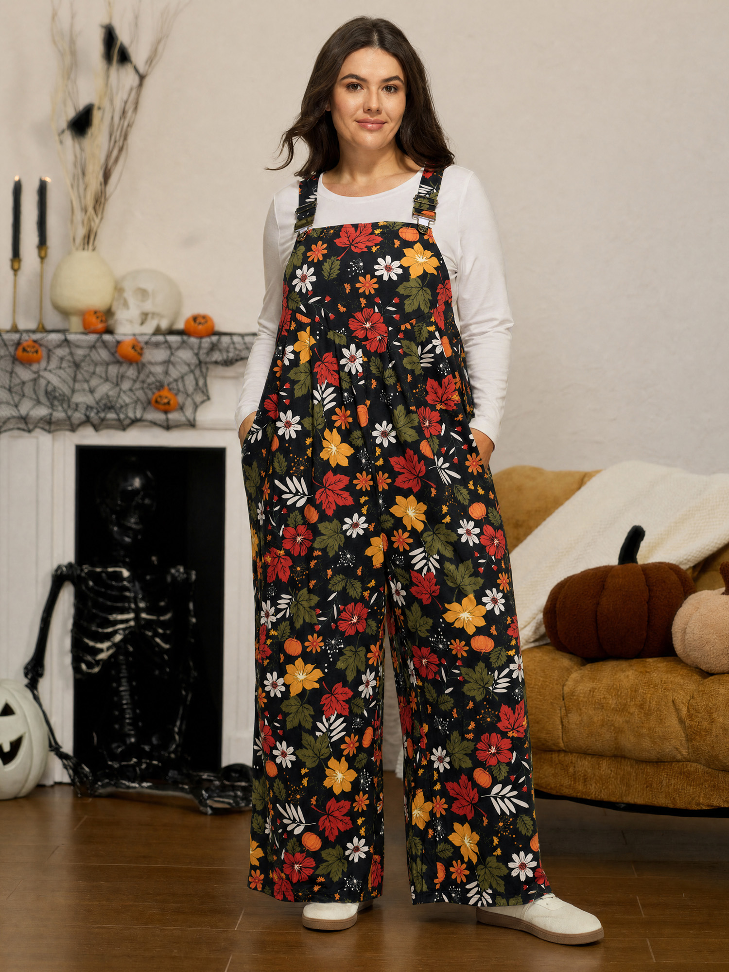 BloomChic Plus Size Retro Fall Print Relaxed Fit Jumpsuit - Curve Women's Black Playsuit - Comfort Midsection Fit Slanted pocket H-line Jumpsuits 14/M