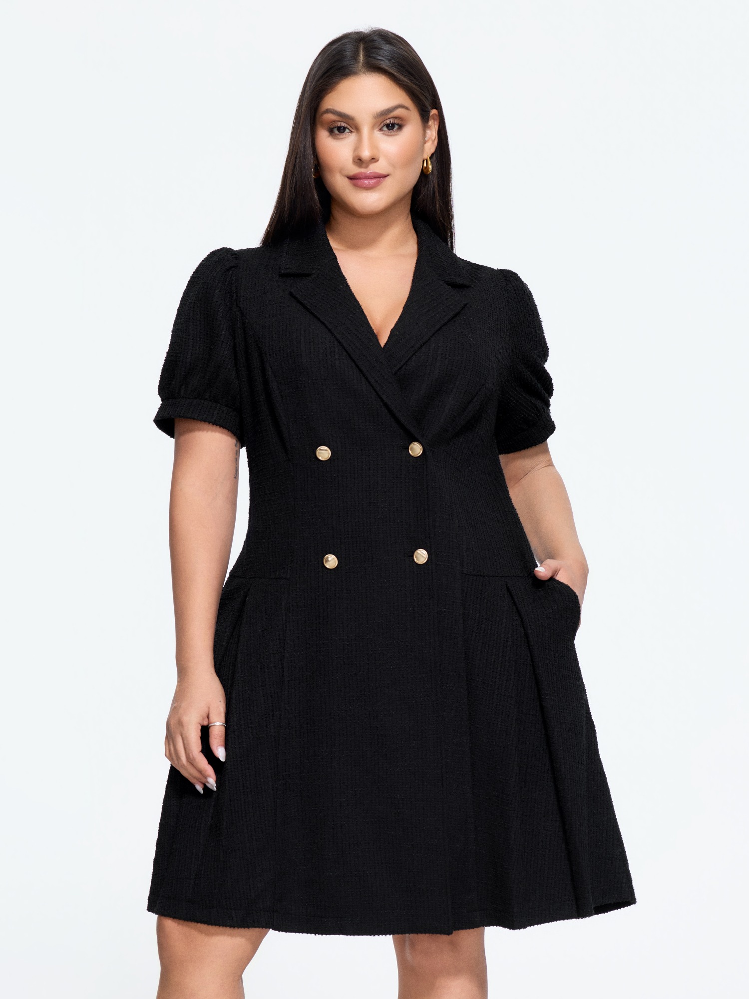 BloomChic Women's Plus Size Tweed Lapel Collar Double‑Breasted Button Mini Dress Black Solid Mini Office Button Front 10/M
