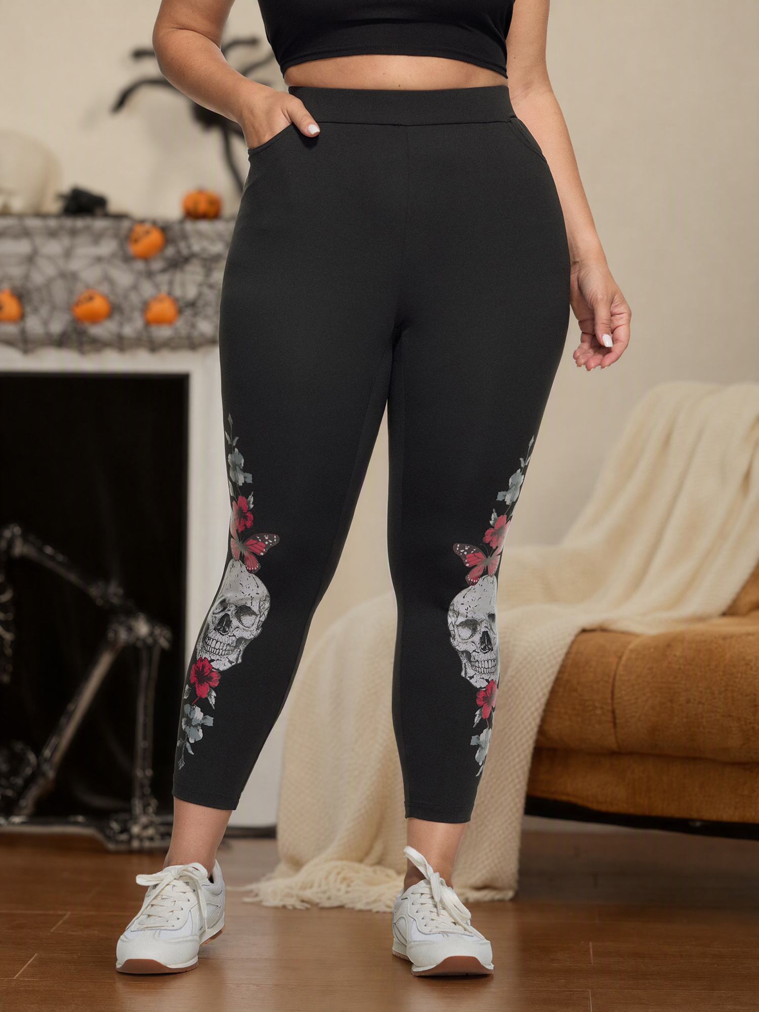BloomChic Women's Plus Size Stretch Gothic Skull Floral Butterfly Print Leggings Black Halloween Skinny fit Mid Rise 10/M