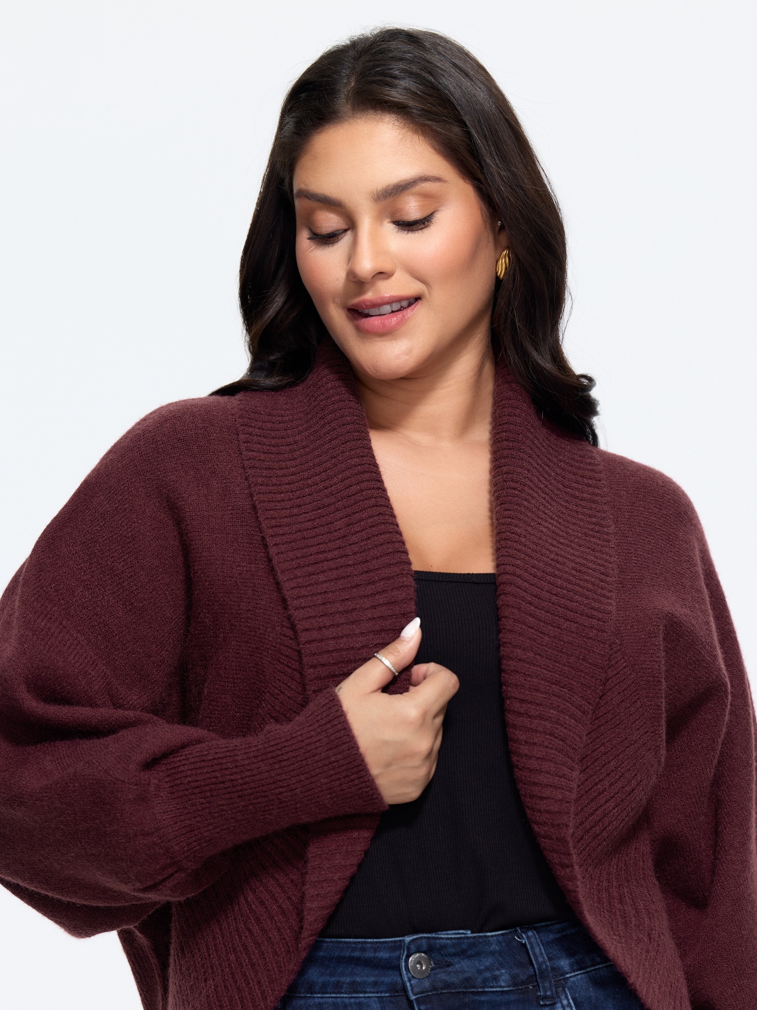 Bloomchic Shawl Collar Open‑front Cropped Cardigan In Burgundy