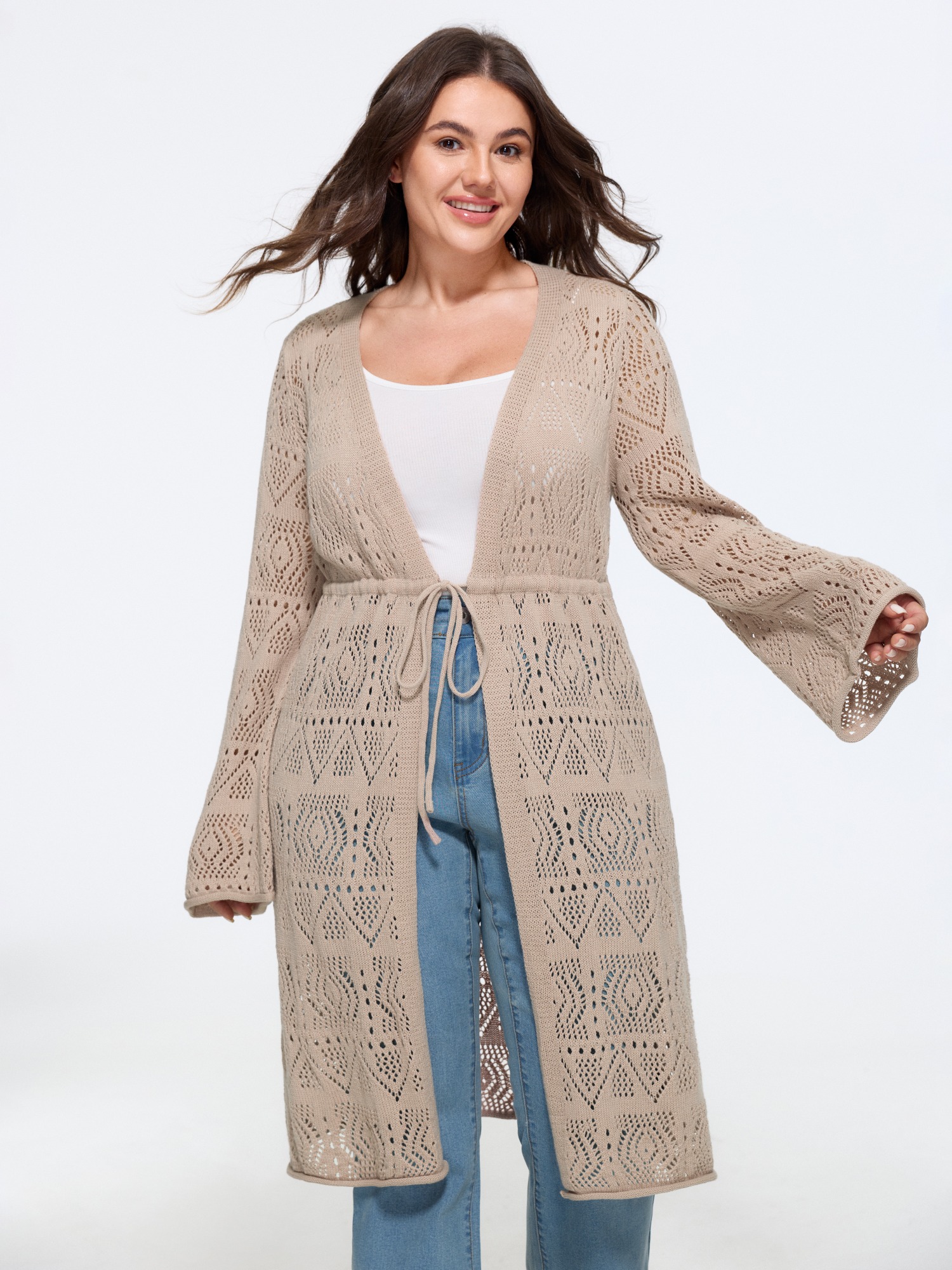 BloomChic Women's Plus Size Hollow Drawstring Waist Open‑Front Crochet Cardigan LightBrown Long Sleeve V-Neck 10/M