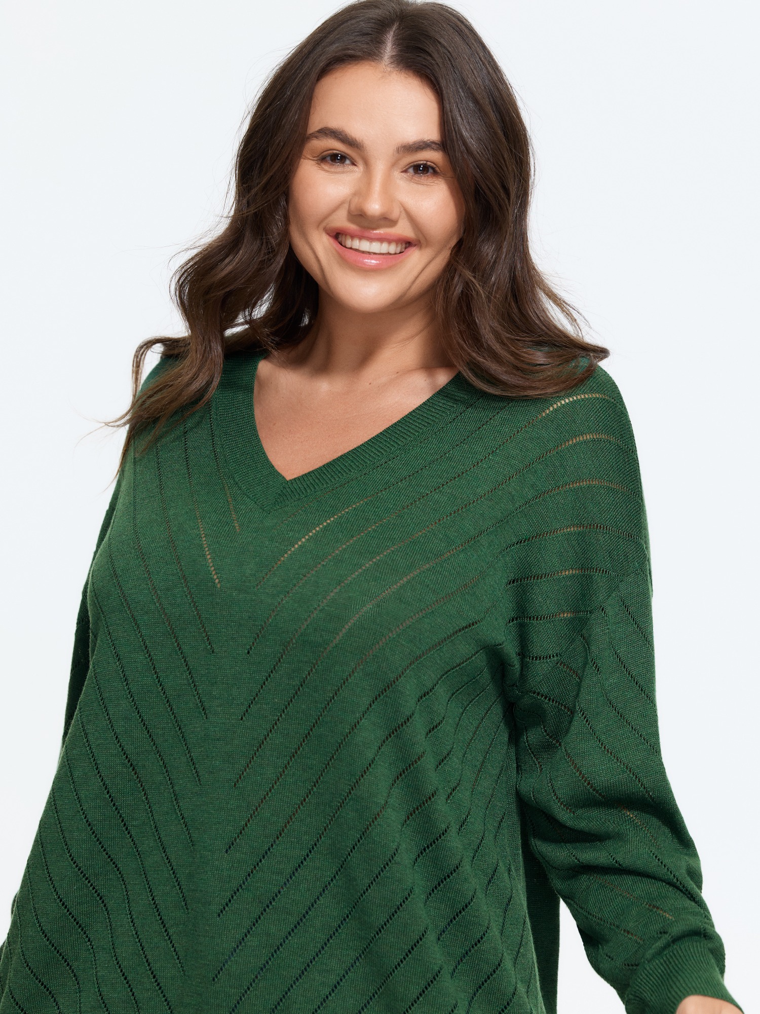 BloomChic Women's Plus Size Wool Blend V‑Neck Hollow‑Out Drop Shoulder Pullover Smoke Pine Long Sleeve V-Neck 10/M