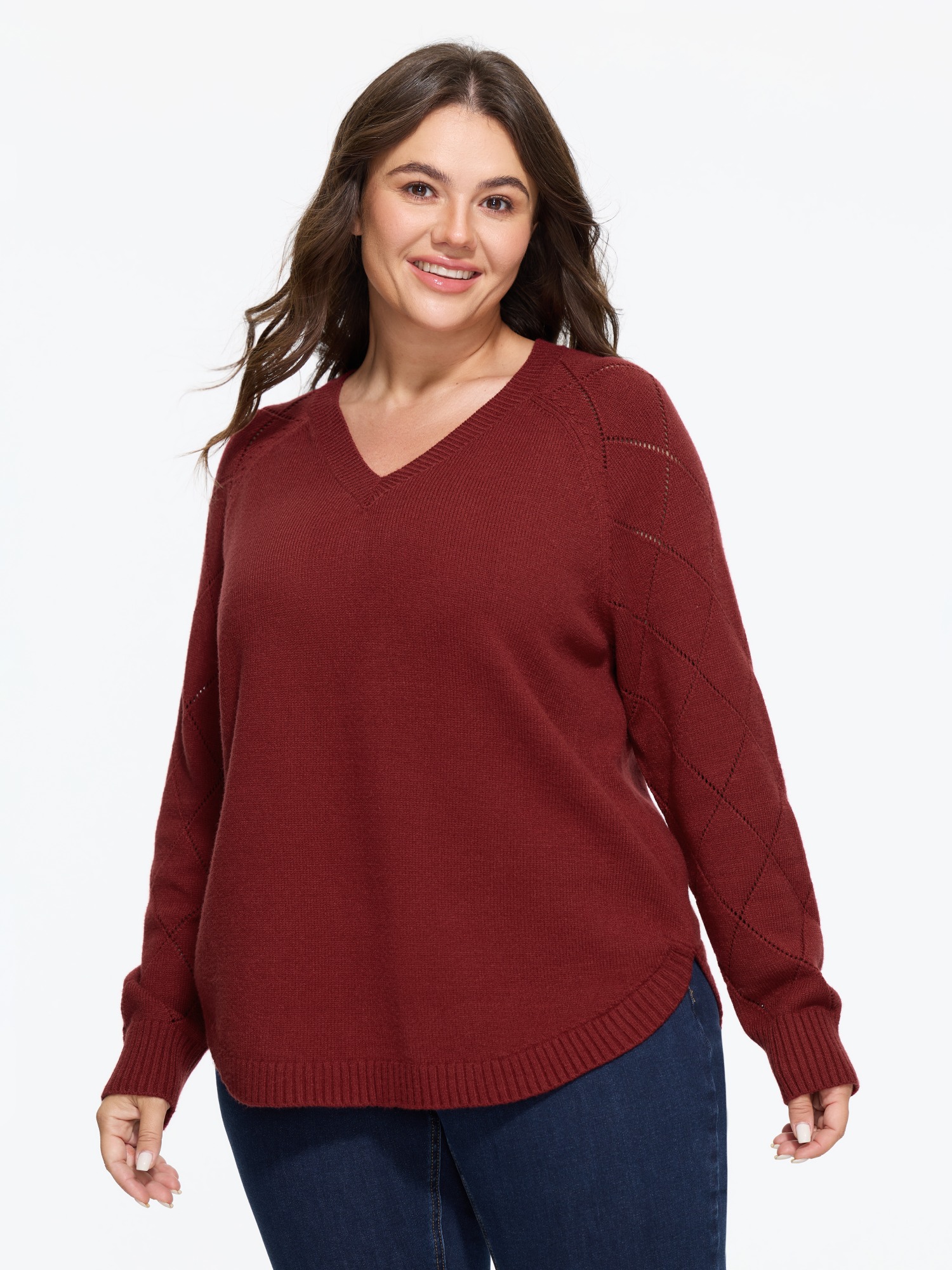 BloomChic Women's Plus Size Hollow‑Out Raglan Sleeve Curved Hem Pullover Burgundy Long Sleeve V-Neck 10/M