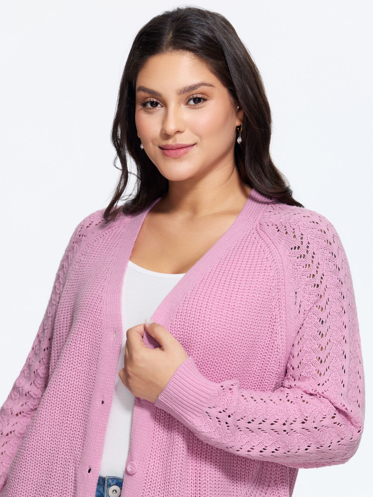 Bloomchic Hollow Crochet Button Front Knit Cardigan In Beanpastepowder