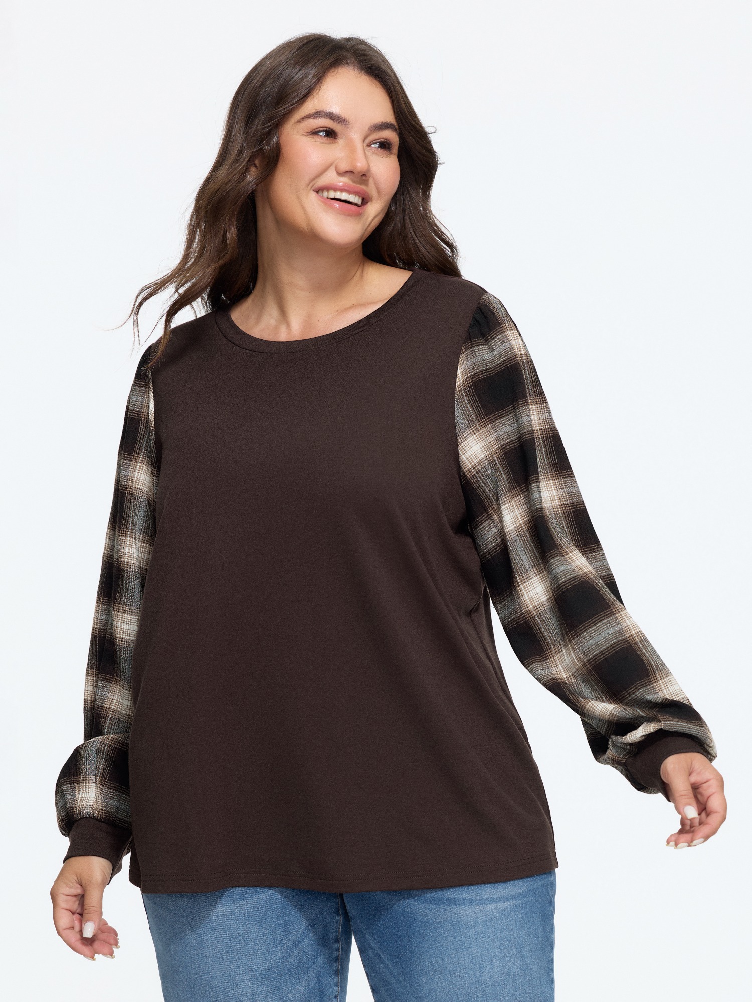 BloomChic Women's Plus Size Crew Neck Contrast Plaid Lantern Sleeve Patchwork Sweatshirt Browncoffeecolor Everyday-Casual Round Neck 10/M