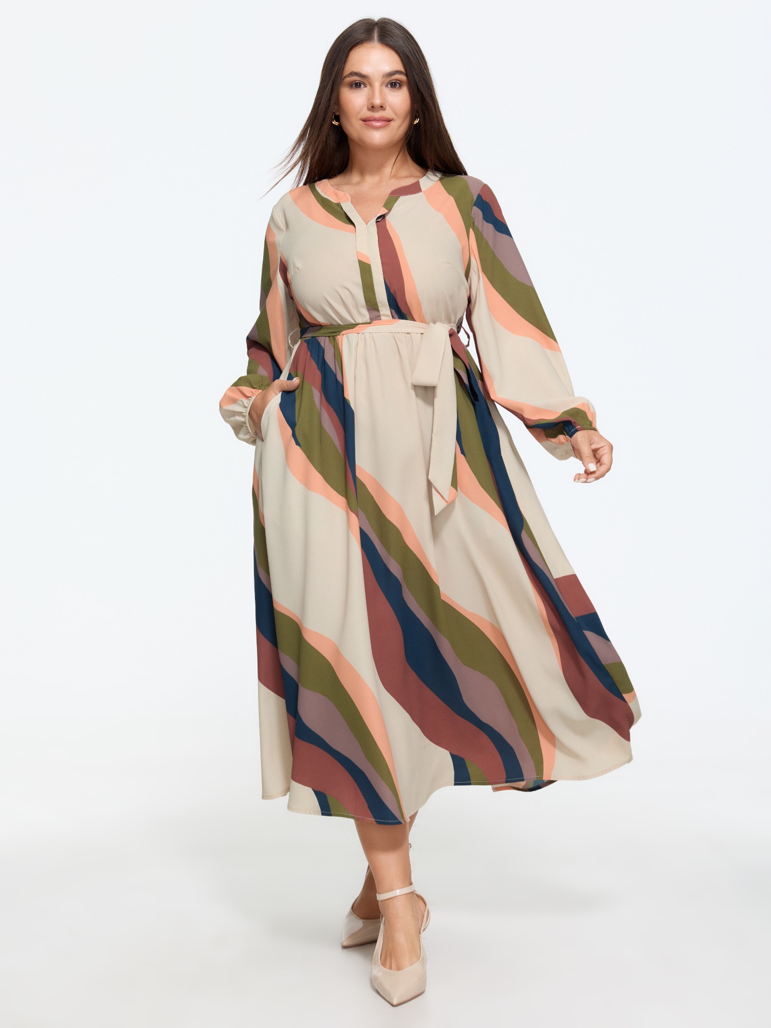 BloomChic Women's Plus Size Abstract Print Color Block Tie Waist Midi Dress Multicolor Ripple Midi Office Lace-Up 10/M