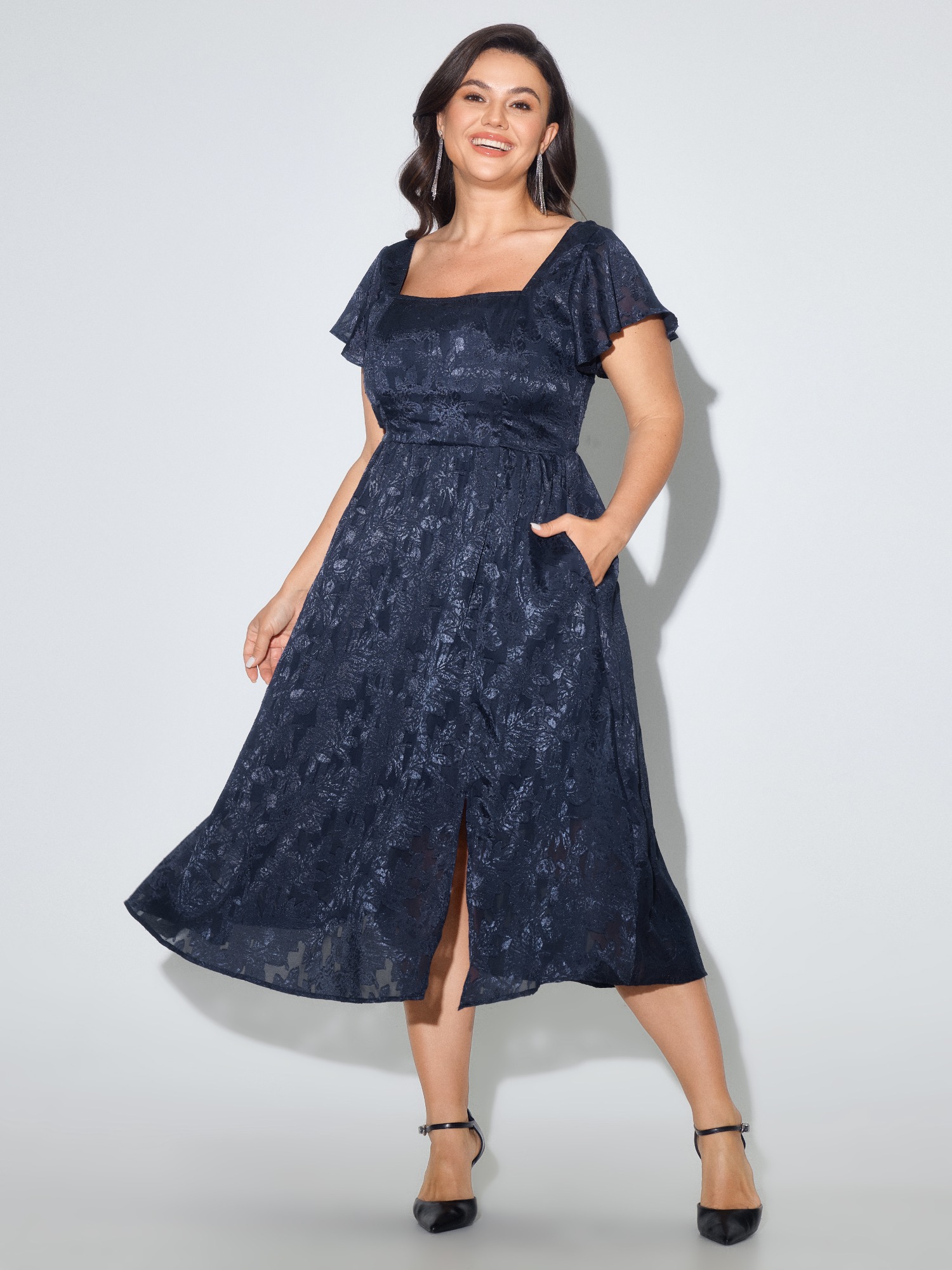 BloomChic Women's Plus Size Textured Square Neck Split Hem Pocket Midi Dress DarkBlue Occasion Tunic Jacquard Square Neck 18-20/2X