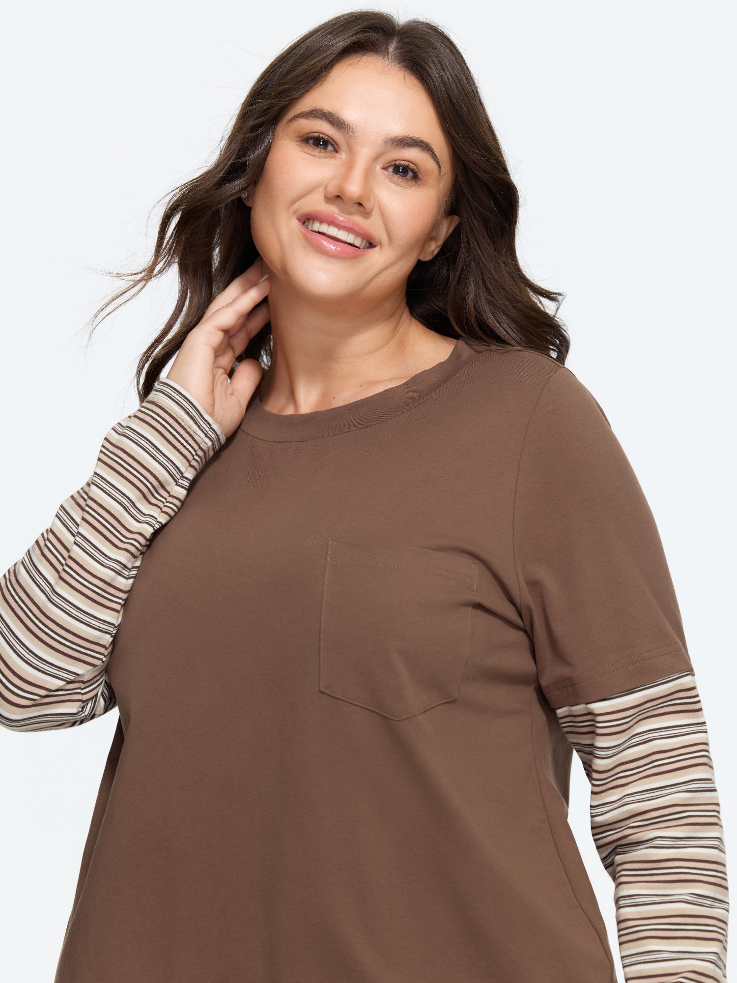 BloomChic Women's Plus Size Cotton Crew Neck Striped Splice Sleeves T-Shirt Browncoffeecolor Color Block Everyday-Casual Long Sleeve Round Neck 10/M