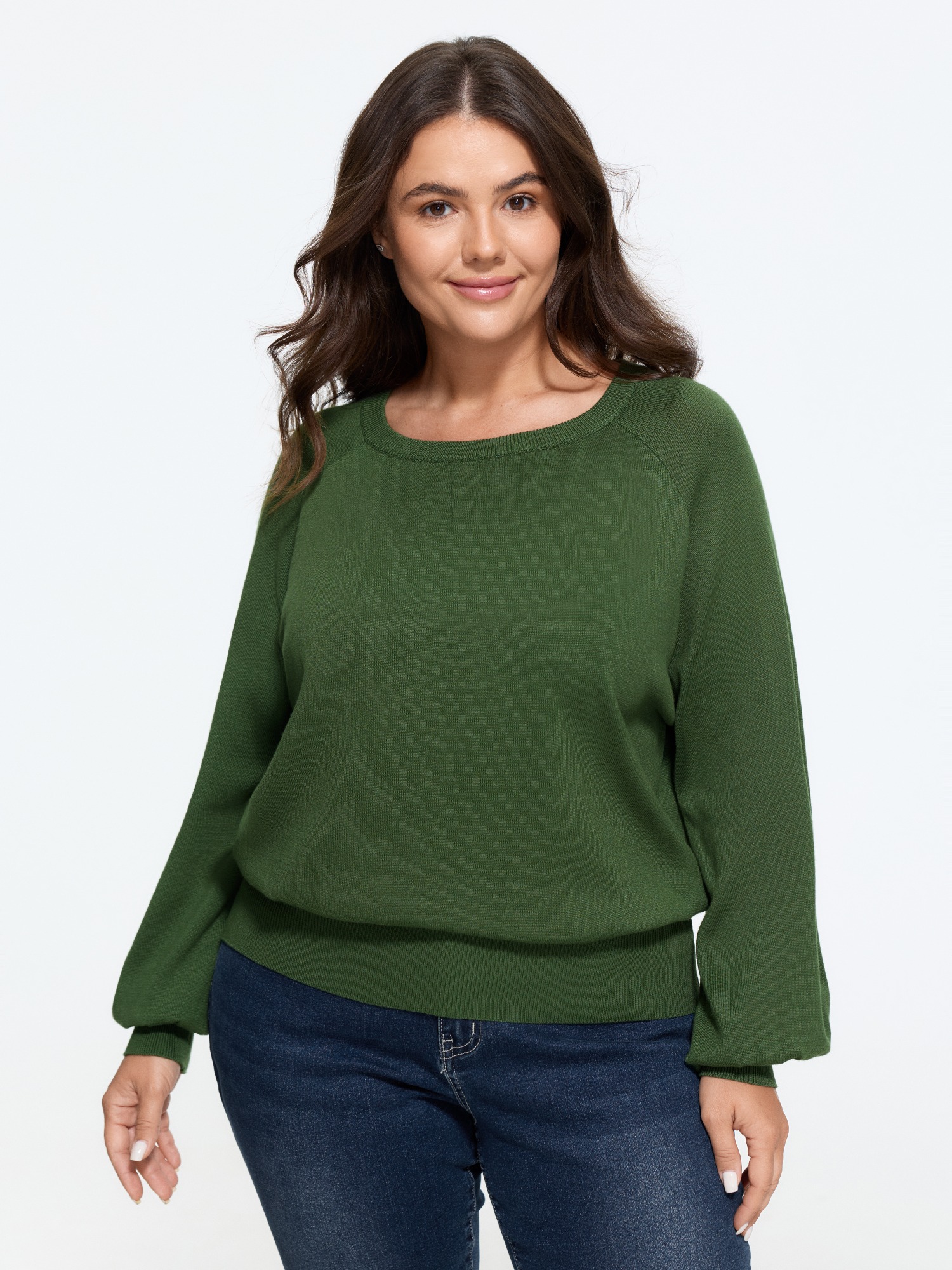 BloomChic Women's Plus Size Solid Gathered Crew Neck Ribbed Hem Pullover ArmyGreen Long Sleeve Round Neck 12/L