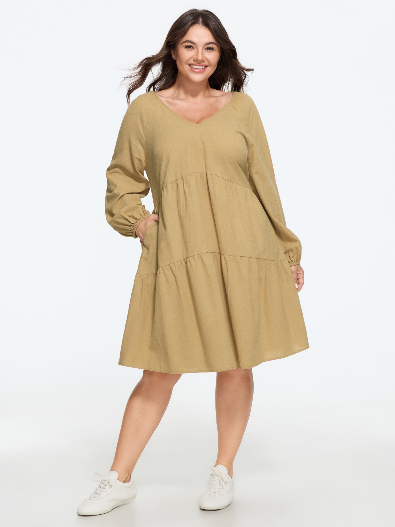 BloomChic Women's Plus Size Cotton Textured V‑Neck Tiered Mini Dress Tan Solid Mini Everyday-Casual Tiered 10/M
