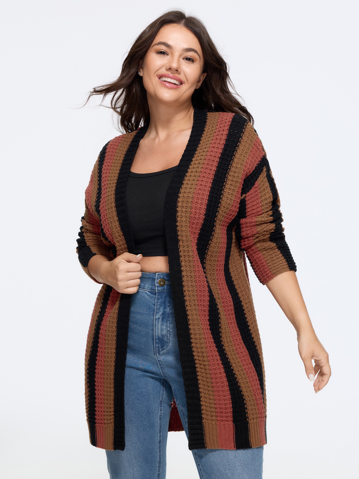 BloomChic Women's Plus Size Textured Retro Vertical Stripe Open Front Cardigan Yellowishbrown Long Sleeve V-Neck 10/M