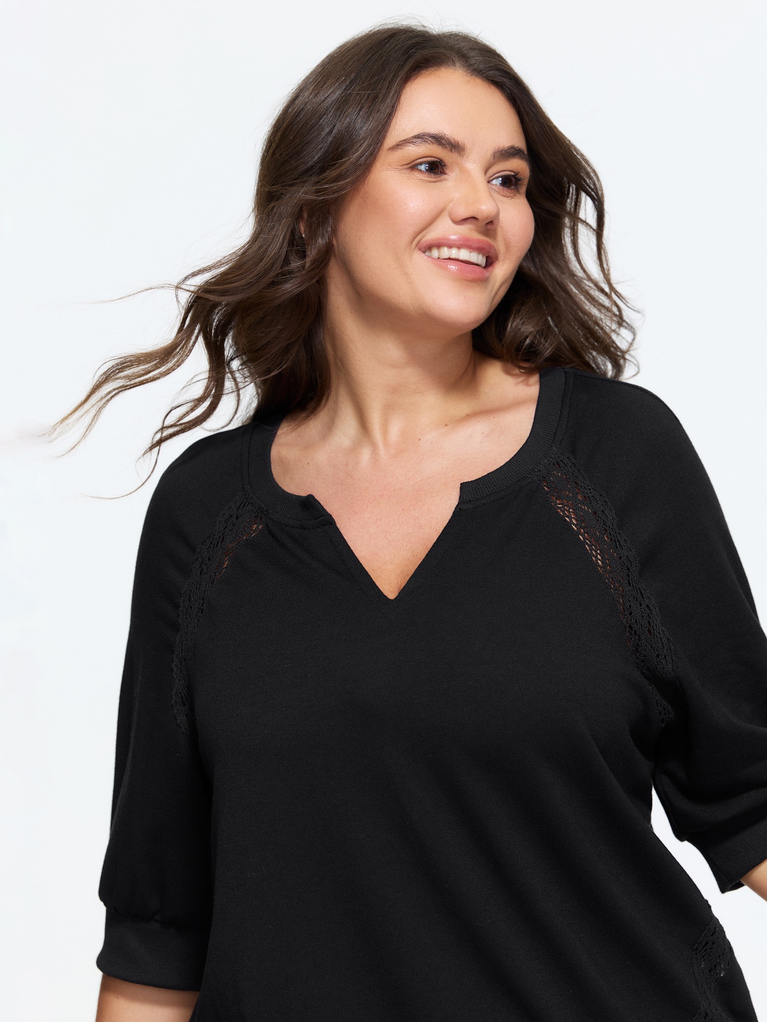 BloomChic Plus Size Supersoft Lace Trim Drop Shoulder Sweatshirt - Women's Black Star & Moon Round Neck Comfort Midsection Fit Long Sleeve Leisure Sweatshirts 30/4X