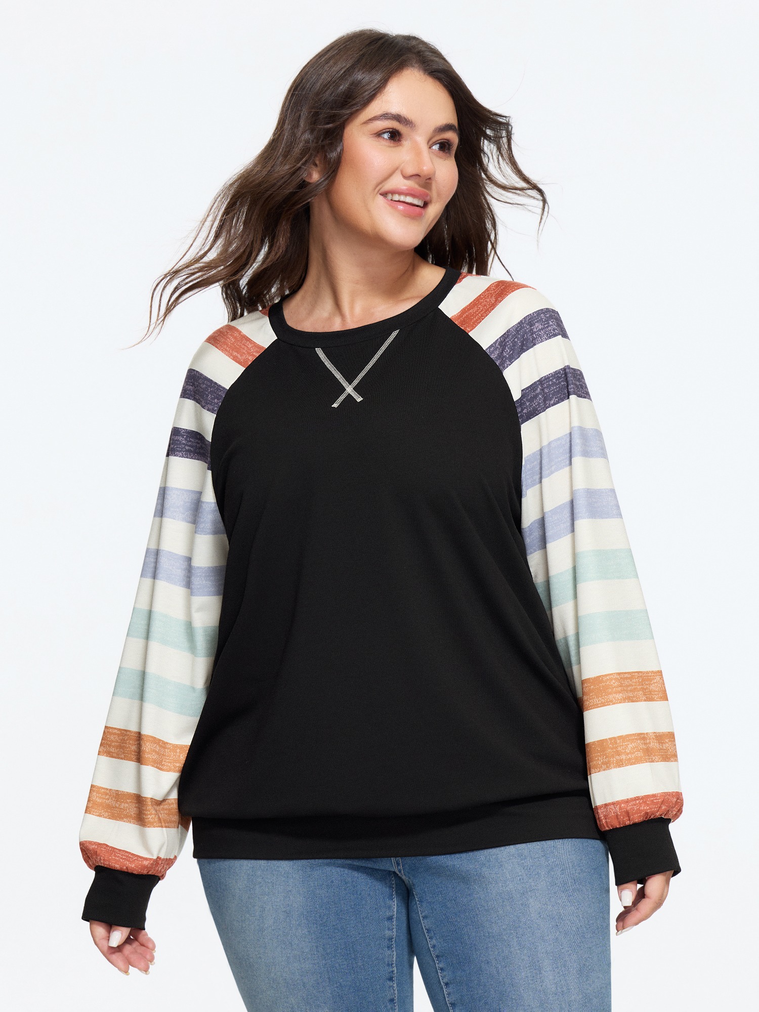 BloomChic Women's Plus Size Supersoft Colorful Striped Sleeve Criss‑Cross Stitch Sweatshirt Black Everyday-Casual Round Neck 10/M