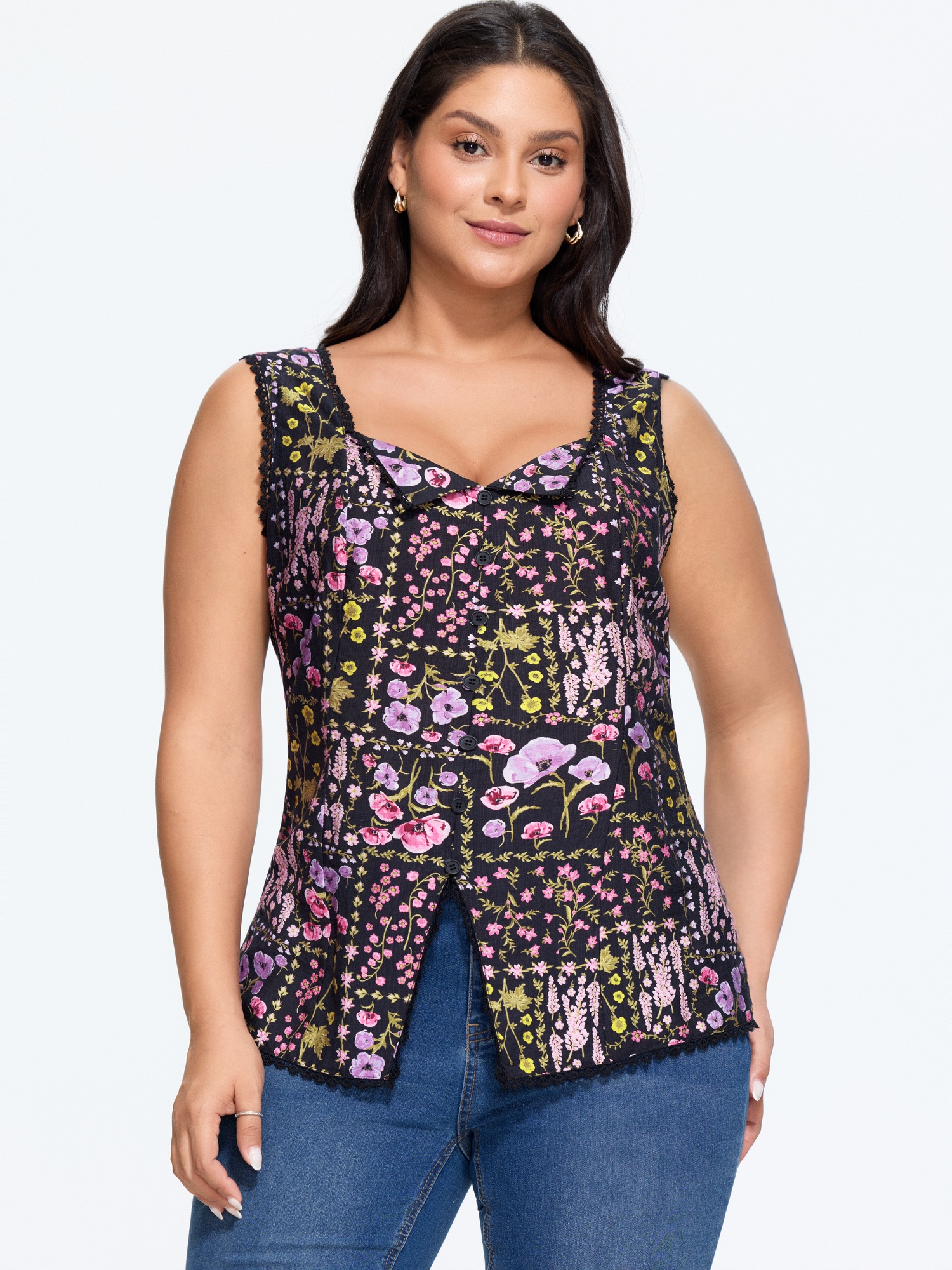 BloomChic Plus Size Floral Print Lace Trim Tank Top - Women's Ditsy Floral Square Neck Tummy Control Sleeveless Elegant Tank Tops Camis 14/M