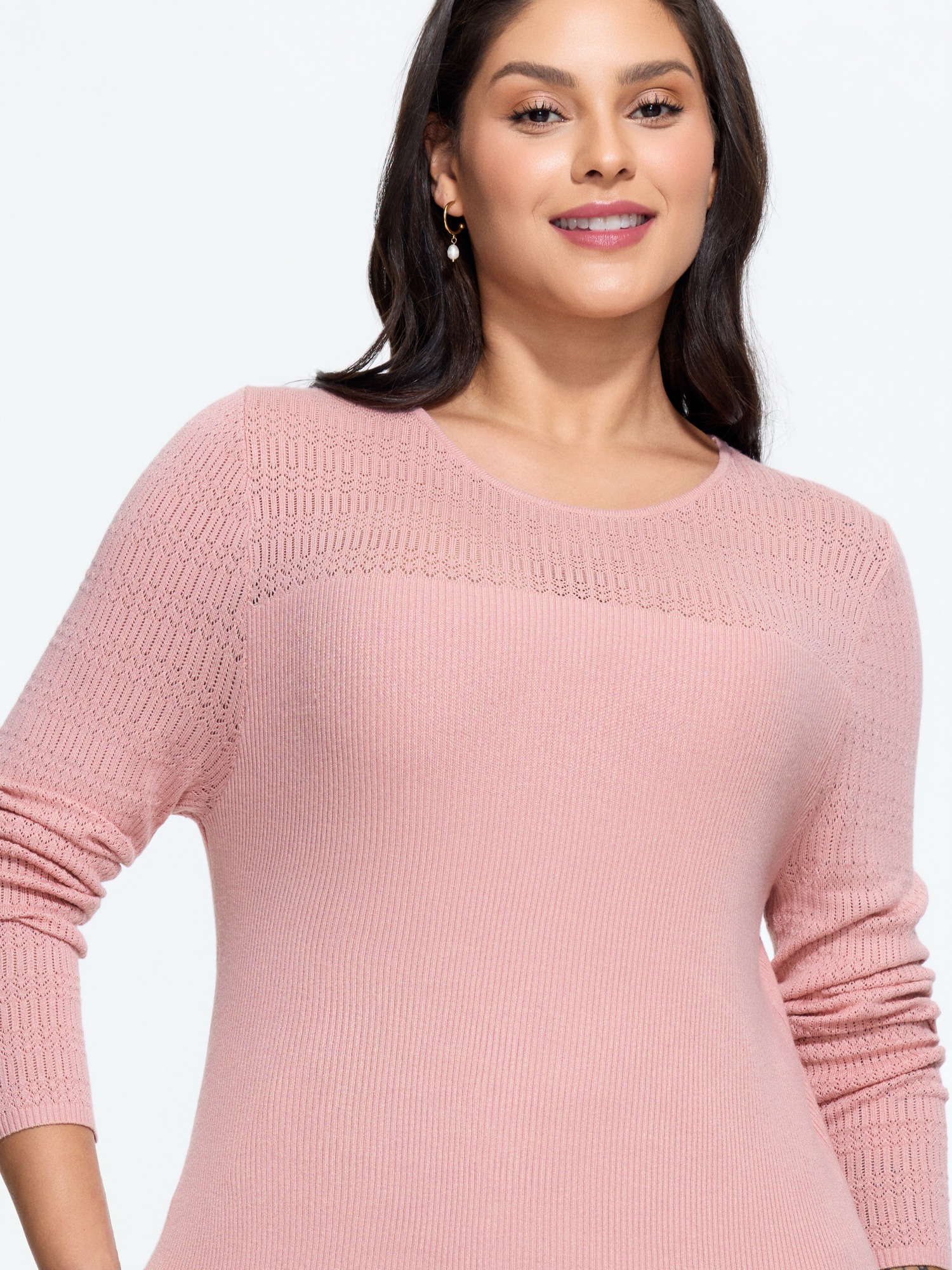 BloomChic Women's Plus Size Solid Round Neck Hollow Crochet Detail Pullover Rouge Long Sleeve Round Neck 10/M