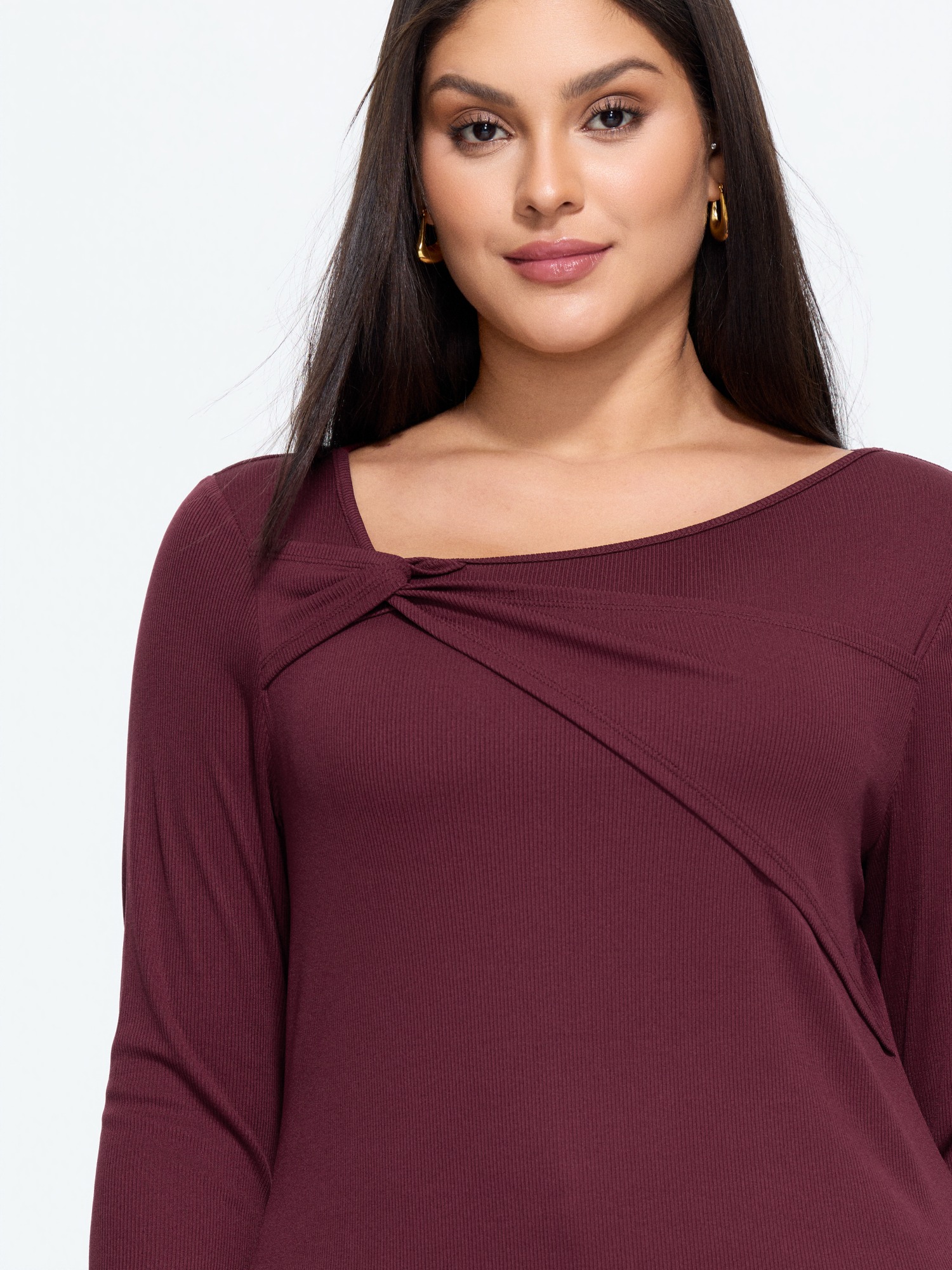 BloomChic Women's Plus Size Stretch Asymmetric Twist Knot Long Sleeve Top Burgundy Long Sleeve Office Asymmetrical Neckline 12/L