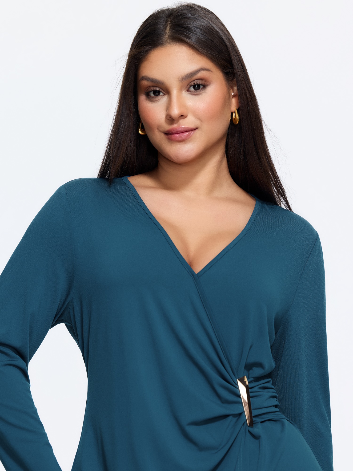 BloomChic Women's Plus Size Stretchy Wrap Neck Metal Buckle Ruched Waist Mini Dress Aegean Solid Mini Office Ruched 10/M
