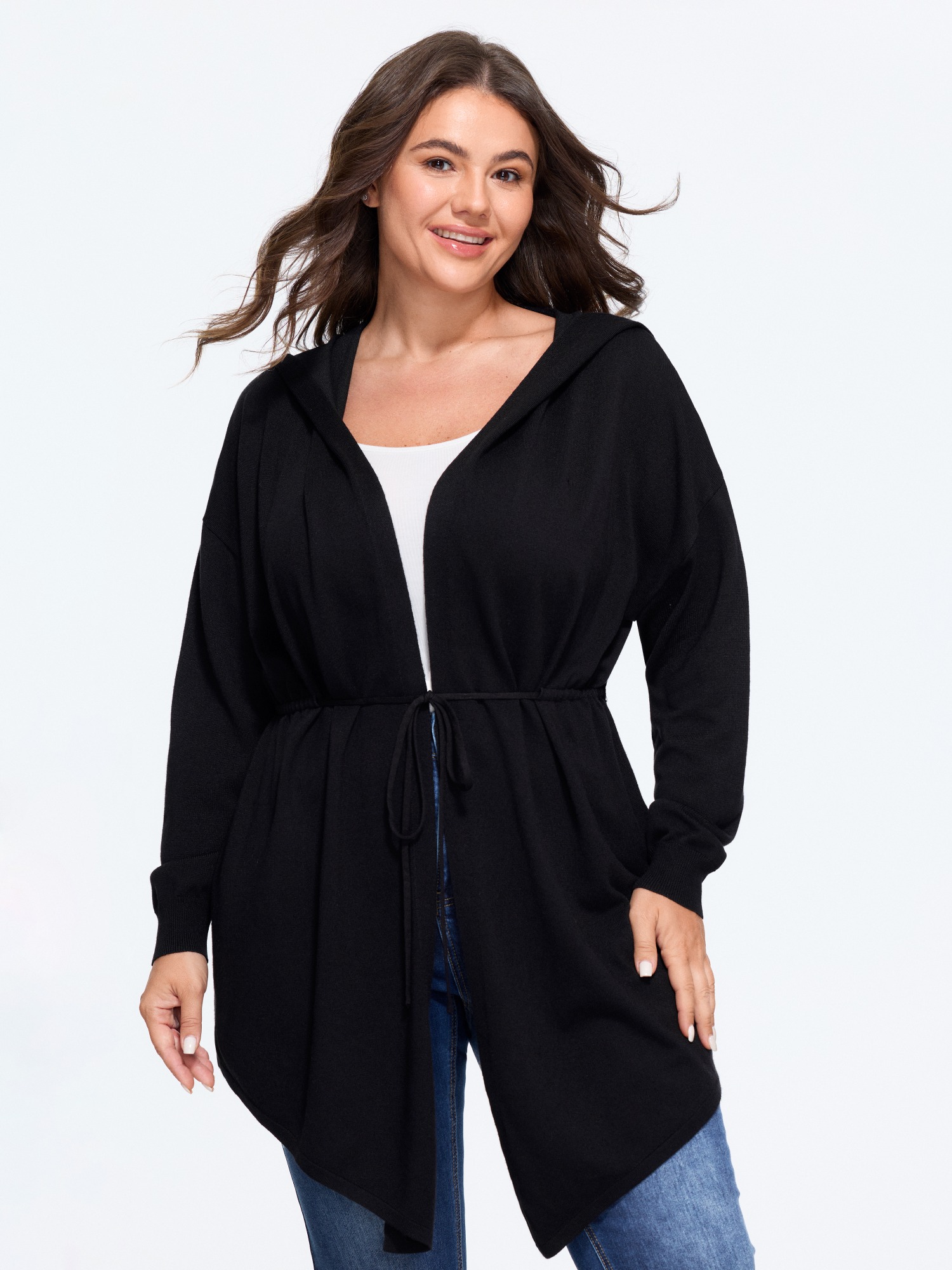 BloomChic Women's Plus Size Drawstring Waist Asymmetric Hem Hooded Cardigan Black Long Sleeve Hooded Neck 10/M
