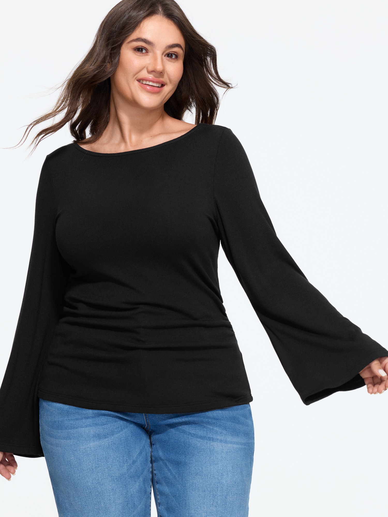 BloomChic Plus Size Stretchy Boat Neck Flare Sleeve Fitted T-Shirt - Women's Black Solid Round Neck Comfort Midsection Fit Long Sleeve Playful T-shirts 14/M