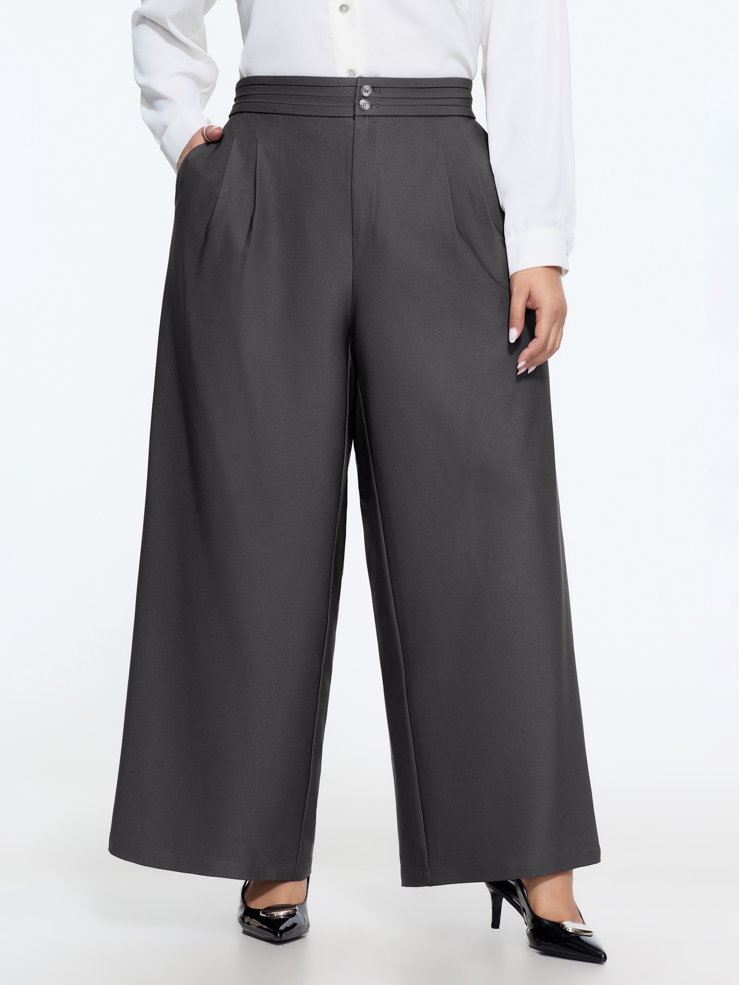 BloomChic Women's Plus Size Double Button Waist Pleated Wide Leg Suit Pants DimGray Solid Wide leg Mid Rise Office 30/6X
