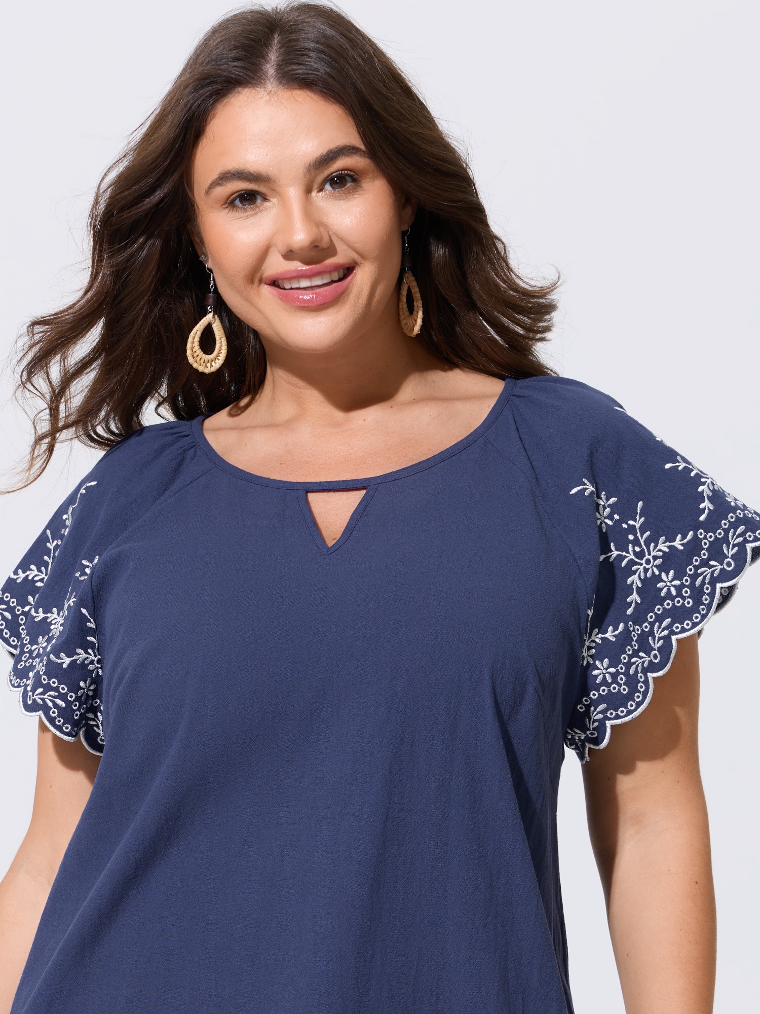 BloomChic Women's Plus Size Floral Embroidered Scalloped Flutter Sleeve Blouse DarkBlue Solid Vacation Short sleeve Round Neck 14-16/1X
