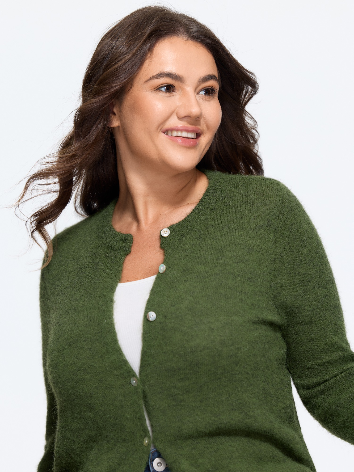 Bloomchic Round Neck Button Front Knit Cardigan In Darkgreen