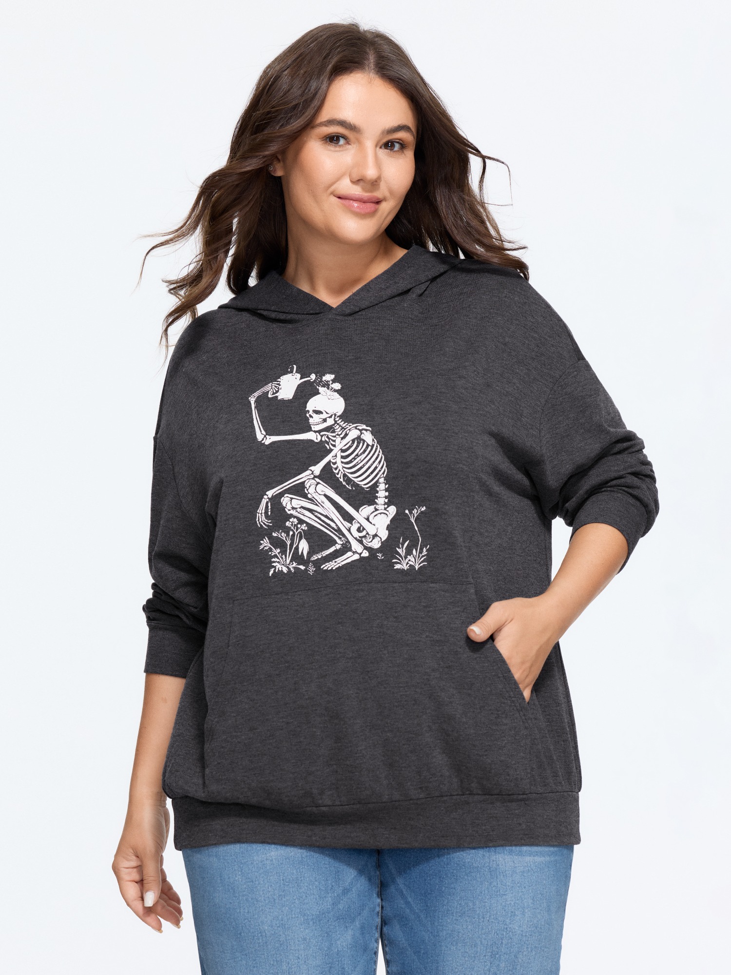 BloomChic Plus Size Funny Skeleton Watering Flowers Print Hooded Sweatshirt - Women's DimGray Star & Moon Round Neck Comfort Midsection Fit Long Sleeve Leisure Sweatshirts 14/M