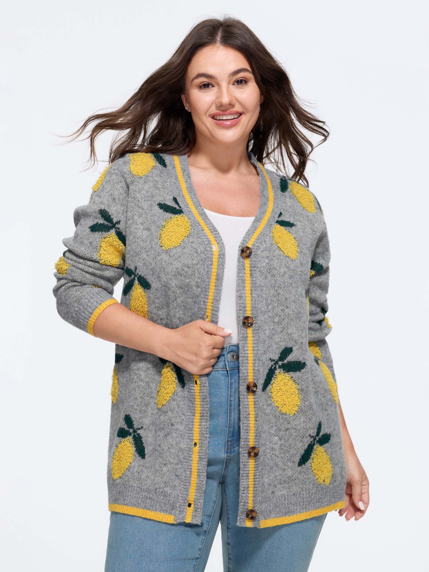 Bloomchic Supersoft Lemon Jacquard V‑neck Knit Cardigan In Darkgray