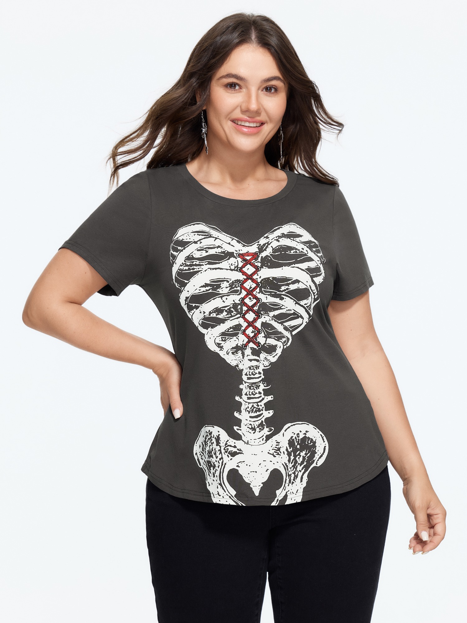 BloomChic Women's Plus Size Halloween Skeleton Ribcage Graphic Crew Neck T‑Shirt DarkGray Solid Everyday-Casual Short sleeve Round Neck 10/M