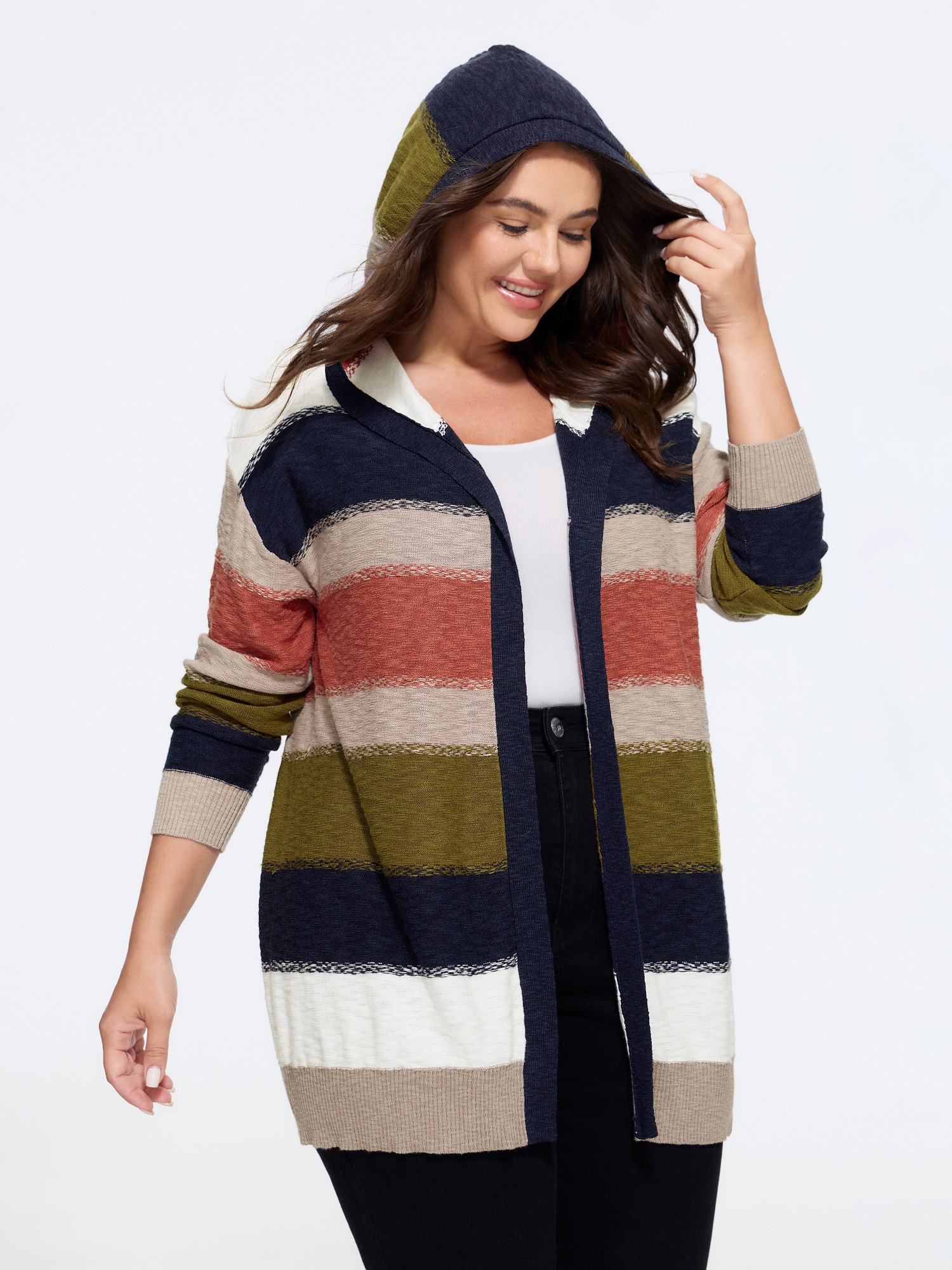 Bloomchic Color Block Striped Hooded Open Front Cardigan In Multicolor