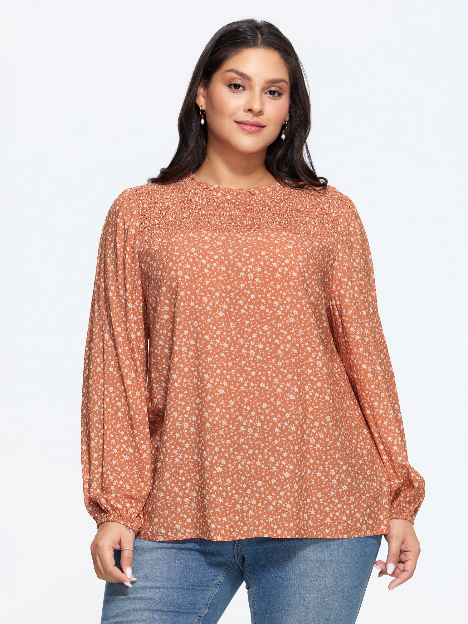 BloomChic Women's Plus Size Ditsy Floral Print Ruffle Neck Shirred Blouse Autumn Glaze Ditsy Floral Everyday-Elegant Long Sleeve Round Neck 10/M