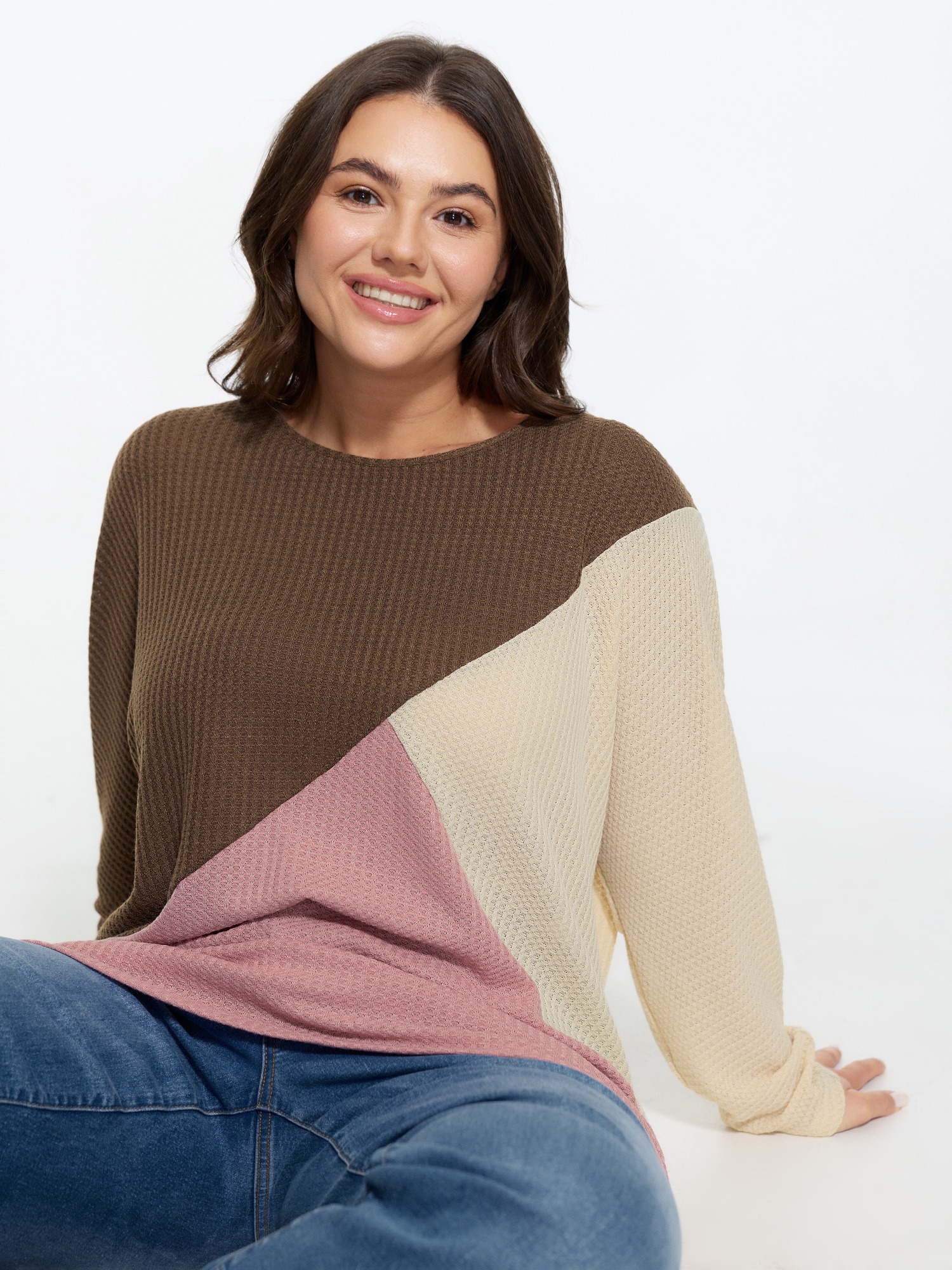 BloomChic Women's Plus Size Geometric Color‑Block Waffle Knit T-Shirt Multicolor Color Block Everyday-Casual Long Sleeve Round Neck 10/M