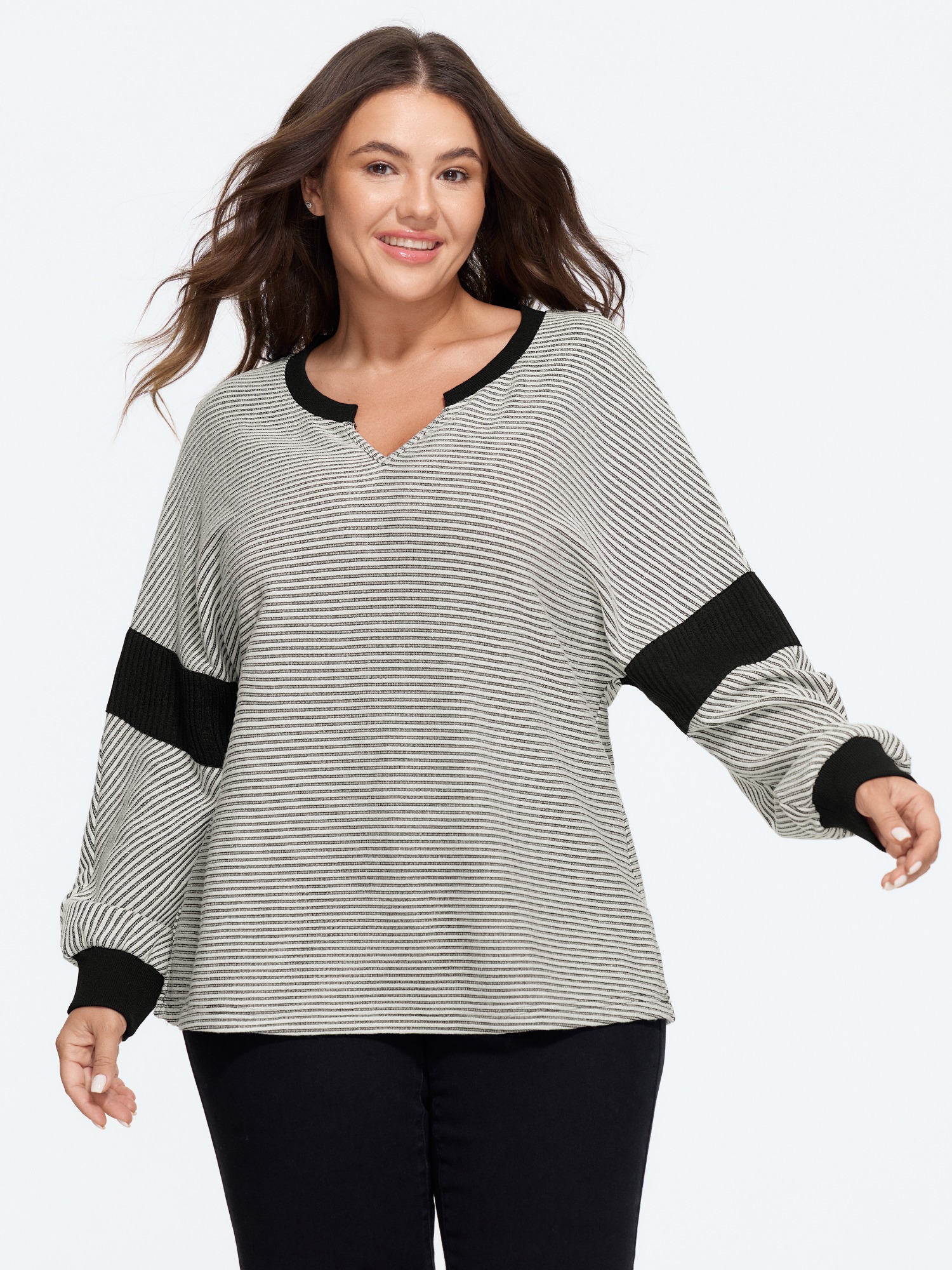 BloomChic Women's Plus Size Notched Neck Stripe Color Block Sweatshirt Beige Everyday-Casual V-Notch Neck 18-20/2X