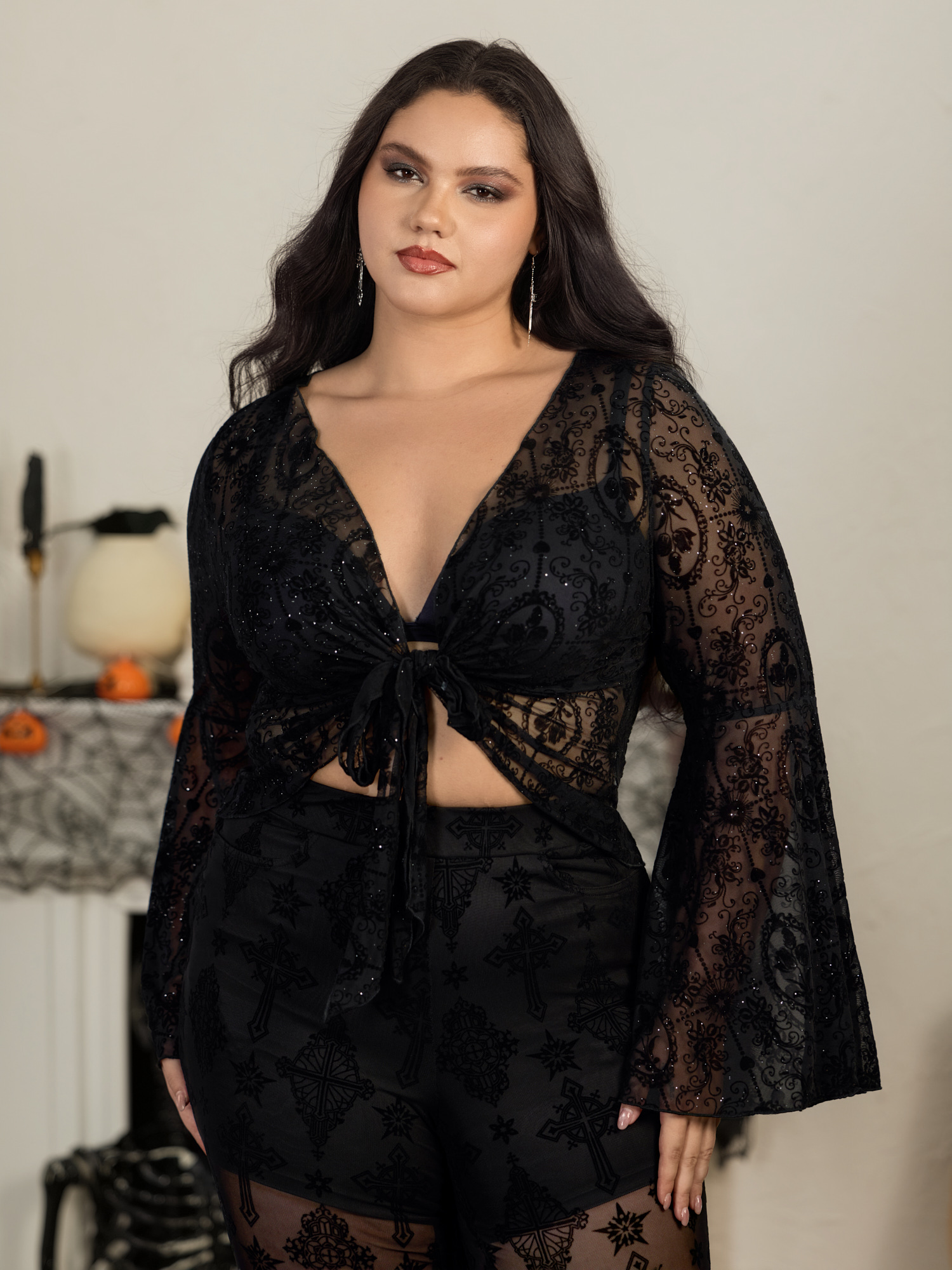 BloomChic Women's Plus Size Glitter Mesh Floral Flocked Tie‑Front Cropped Top Black Long Sleeve Occasion Knotted Neckline 10/M