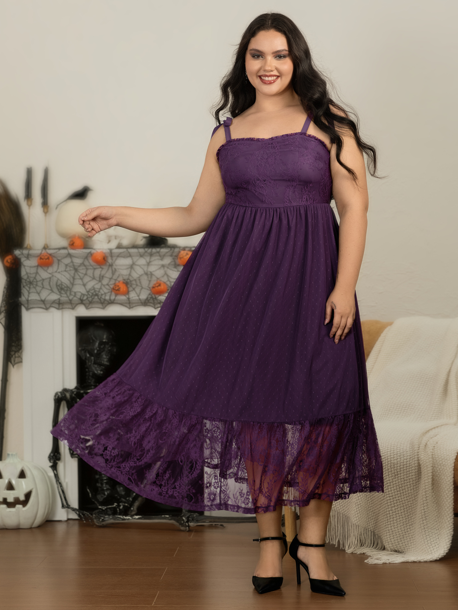 BloomChic Women's Plus Size Textured Lace Tulle Ruffle Hem Sleeveless Maxi Dress Deeppurple Solid Maxi Occasion Mesh Panel 10/M