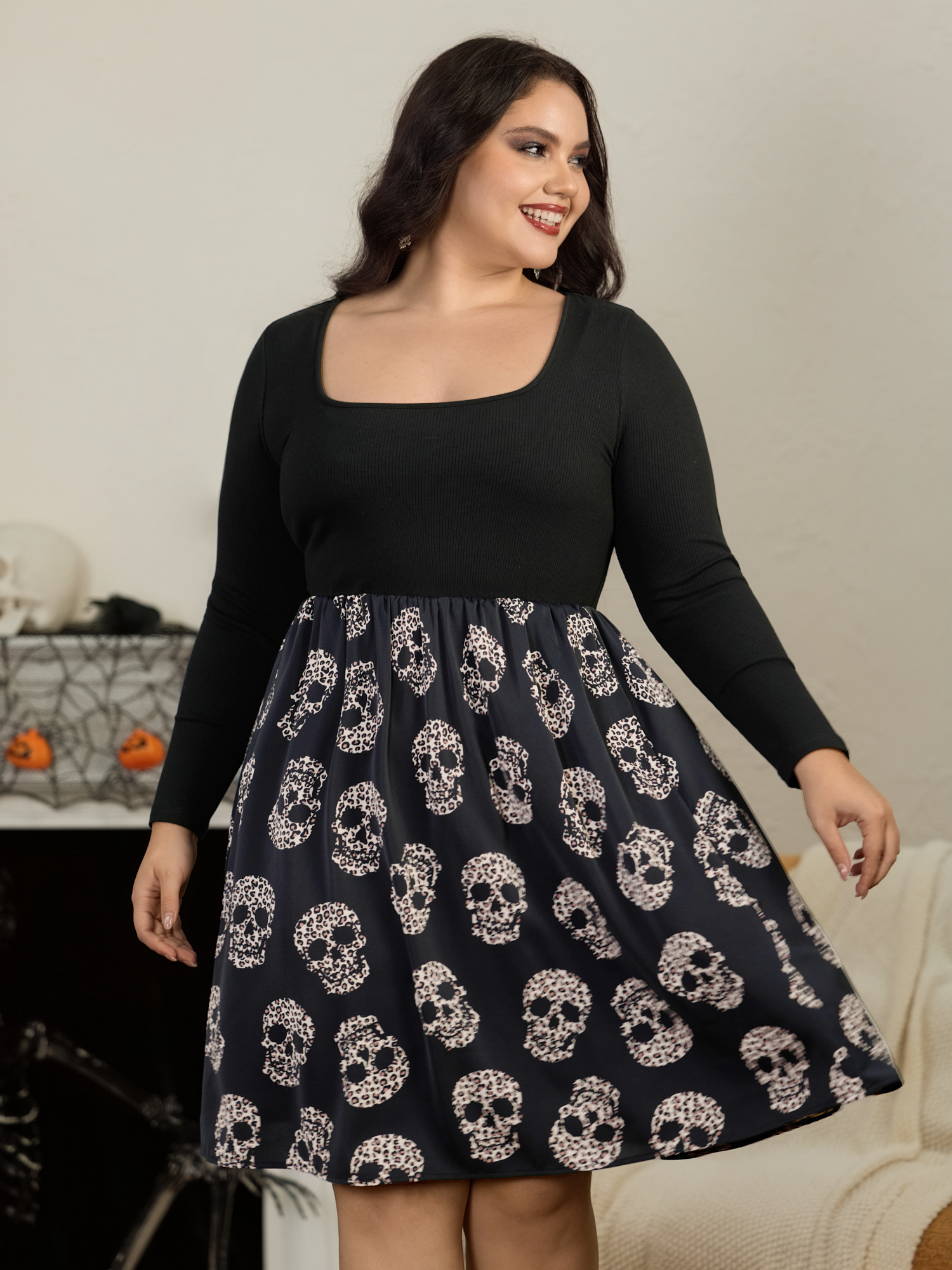 BloomChic Women's Plus Size Leopard Skull Print Square Neck Mini Dress BlackFlower Halloween Mini Everyday-Casual Colorblock 10/M