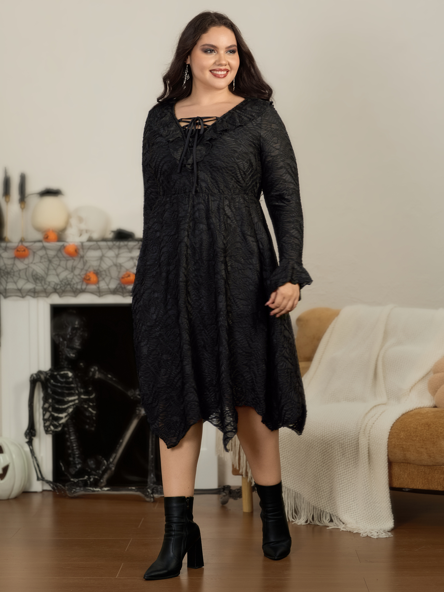 BloomChic Women's Plus Size Textured Lace Ruffle Tie Front Irregular Hem Midi Dress Black Solid Midi Occasion Lace-Up 18-20/2X